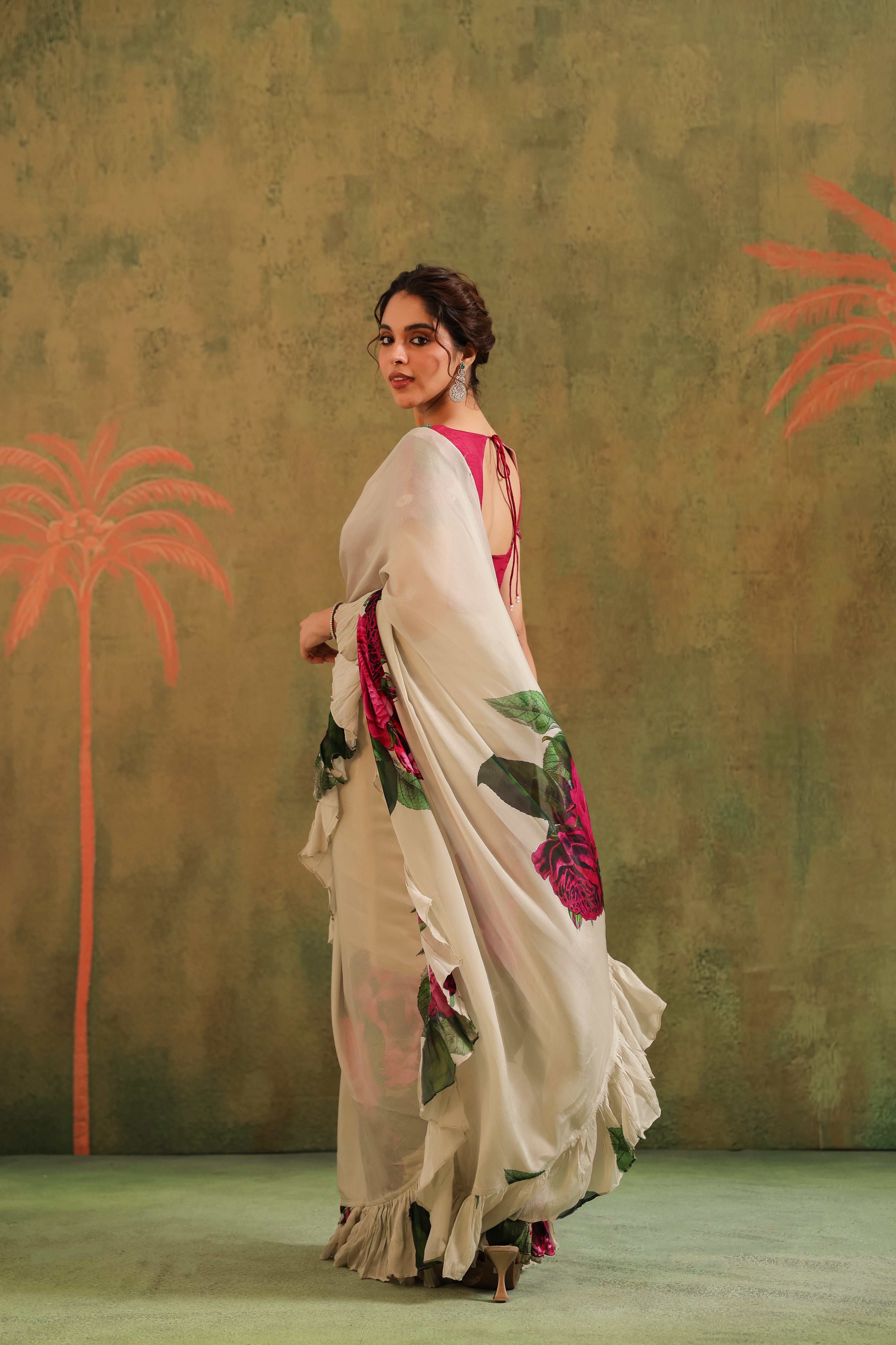 Beige Floral Printed Chinon Silk Saree
