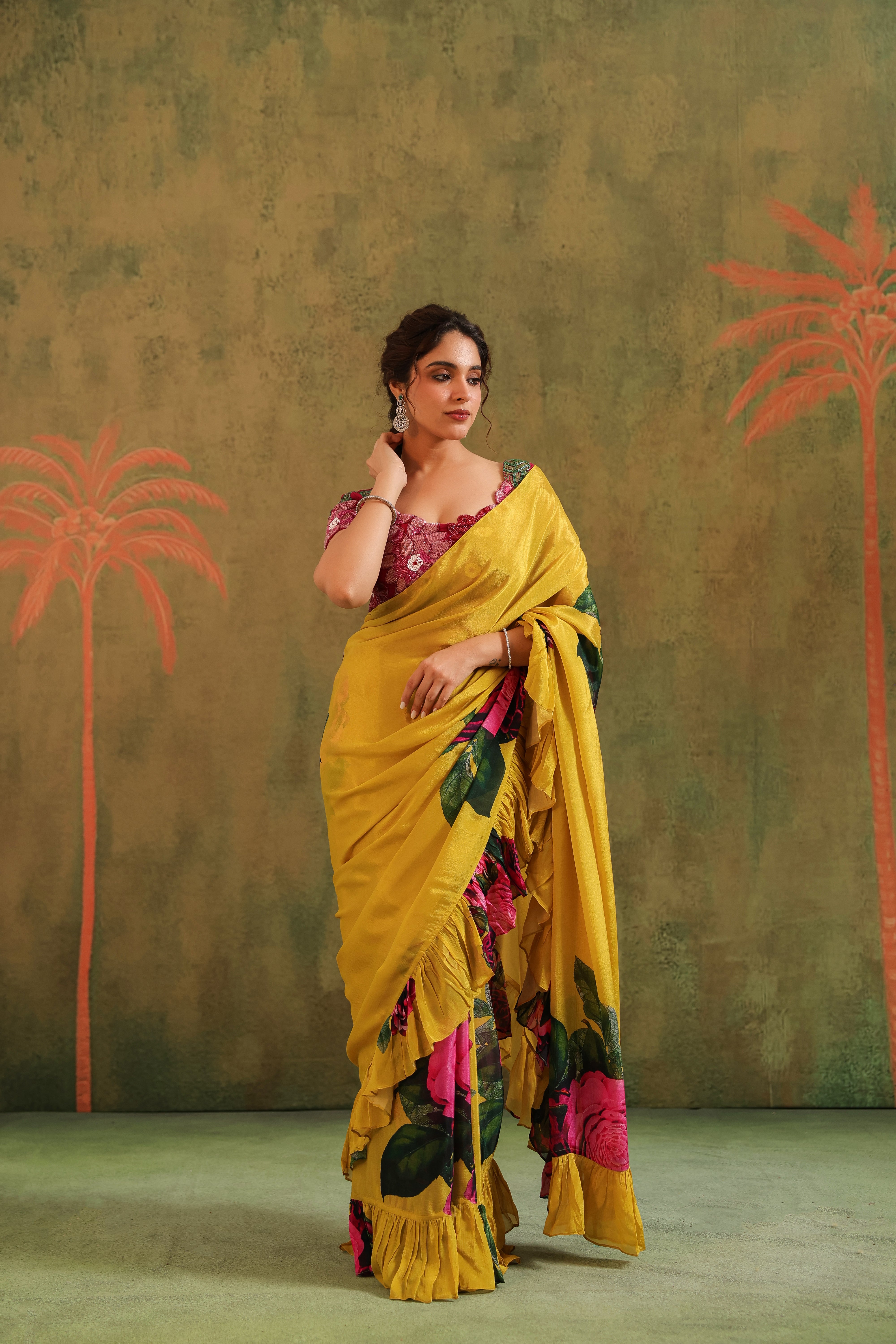 Marigold Yellow Floral Printed Chinon Silk Saree