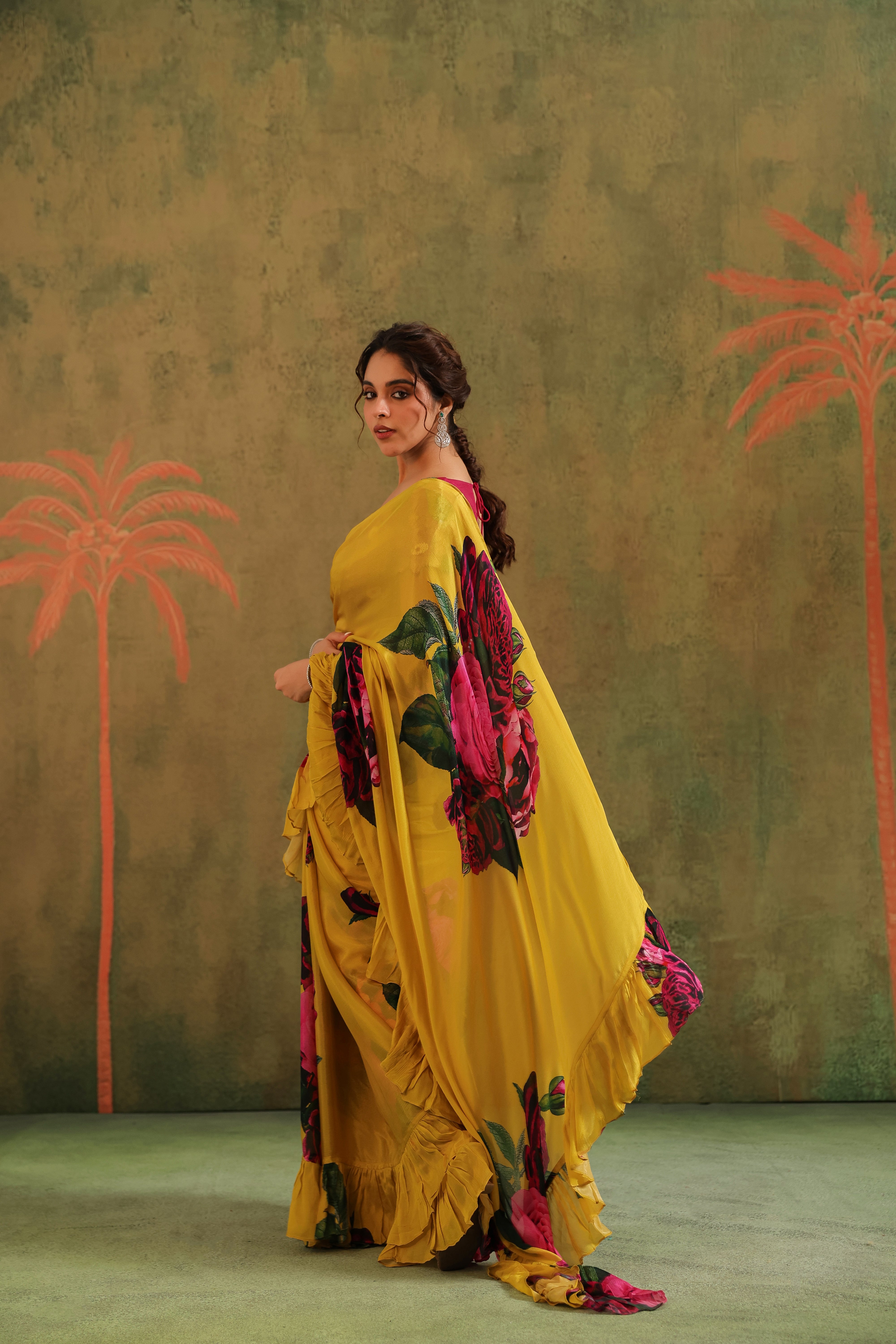 Marigold Yellow Floral Printed Chinon Silk Saree