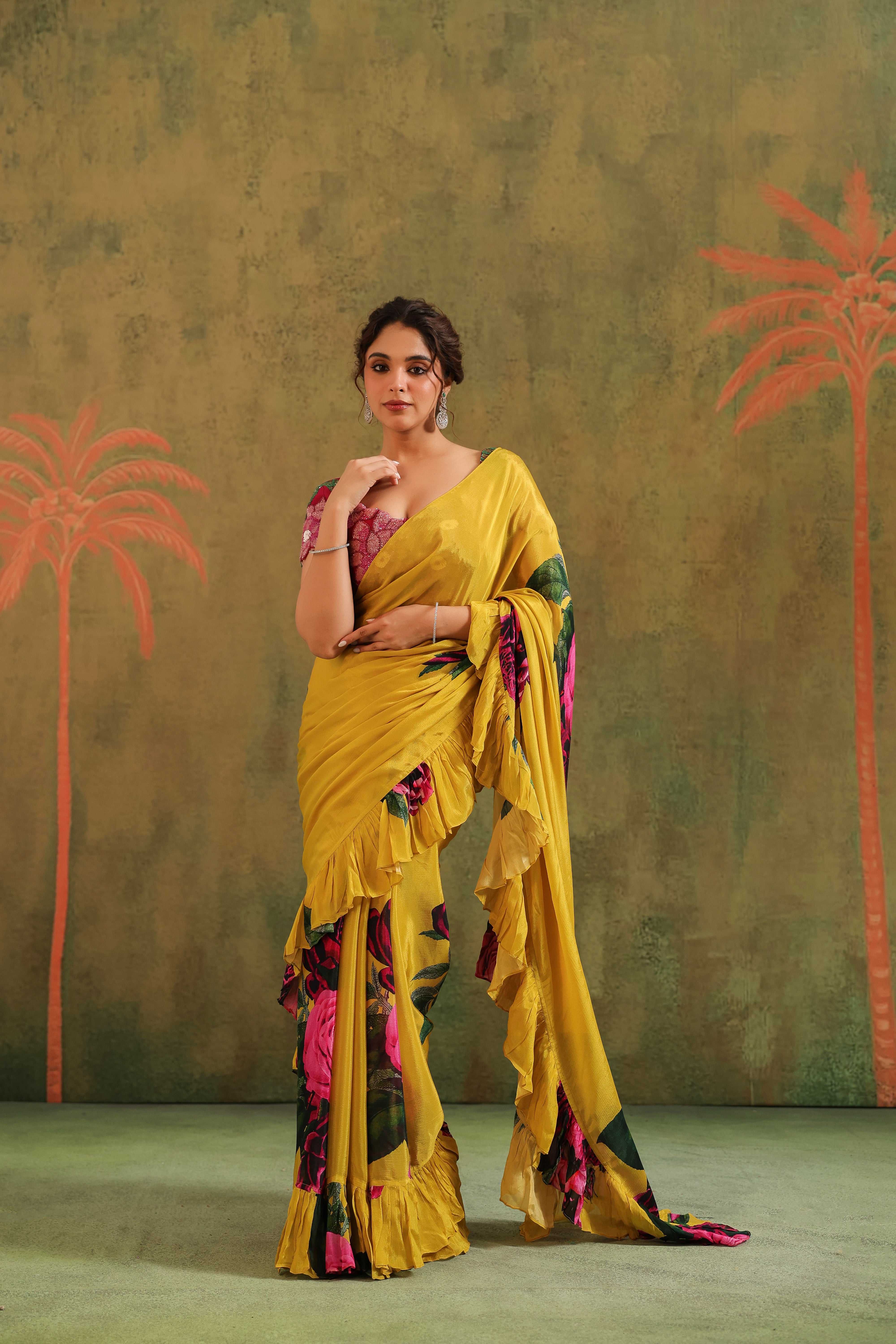 Marigold Yellow Floral Printed Chinon Silk Saree