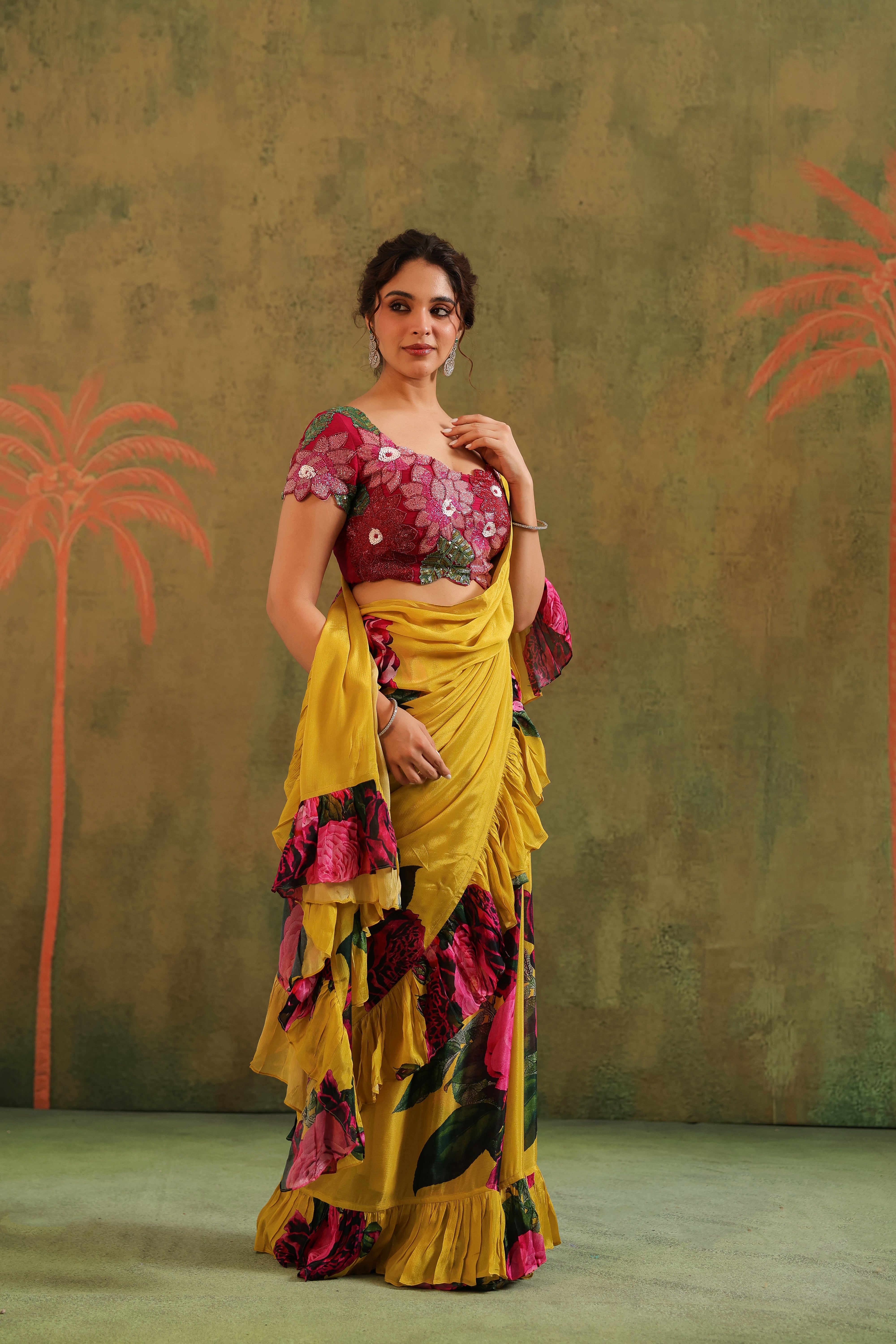 Marigold Yellow Floral Printed Chinon Silk Saree