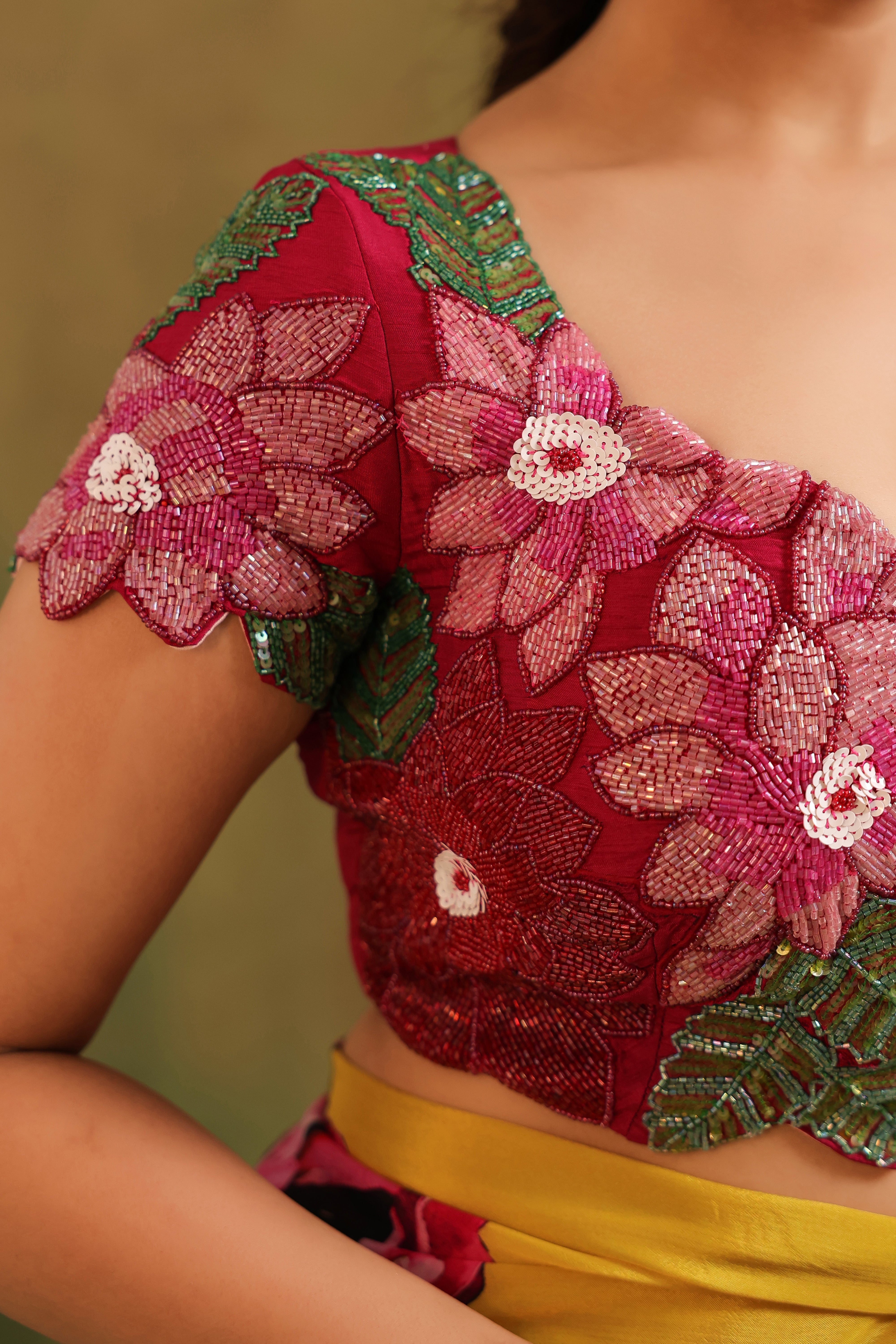 Marigold Yellow Floral Printed Chinon Silk Saree