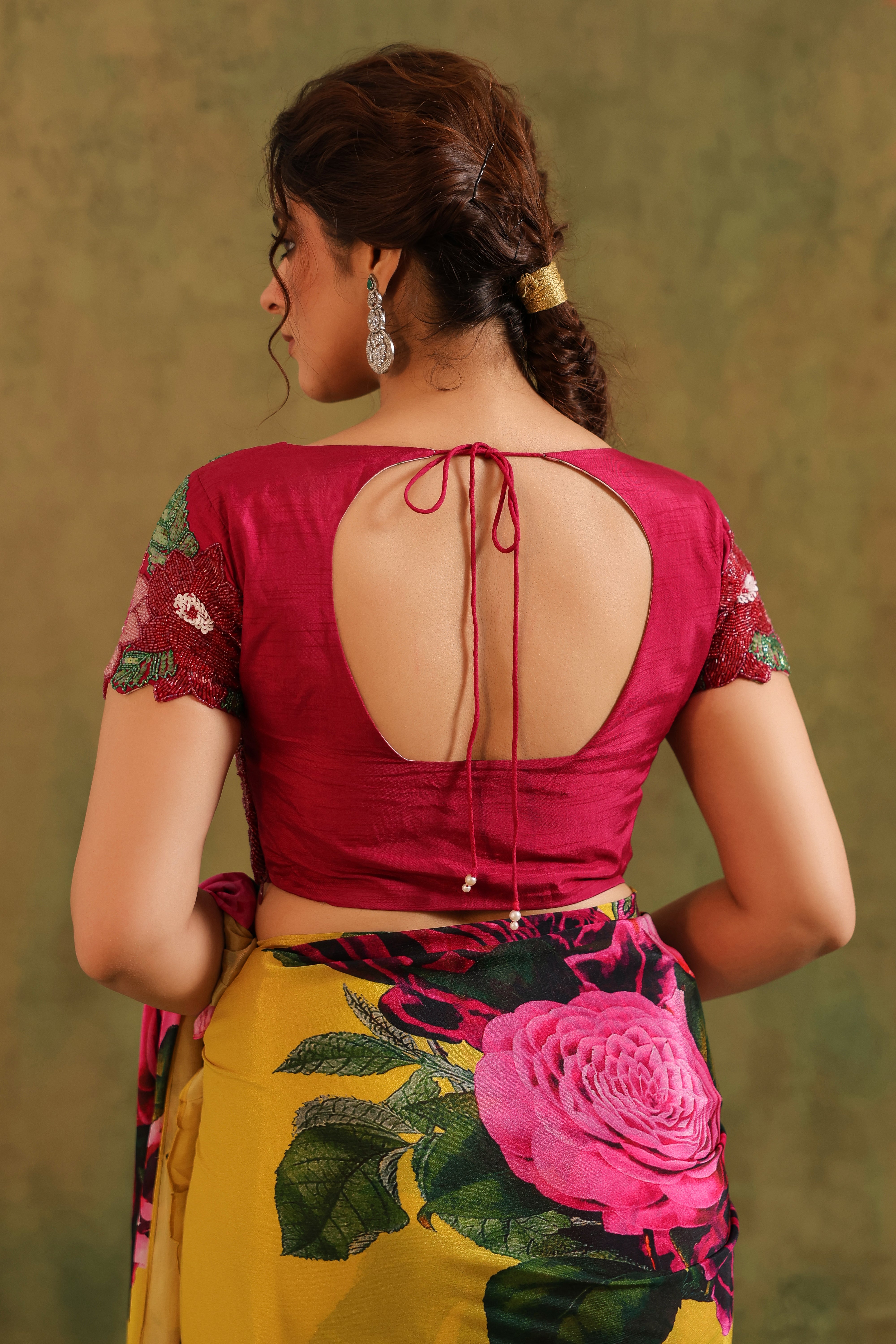Marigold Yellow Floral Printed Chinon Silk Saree