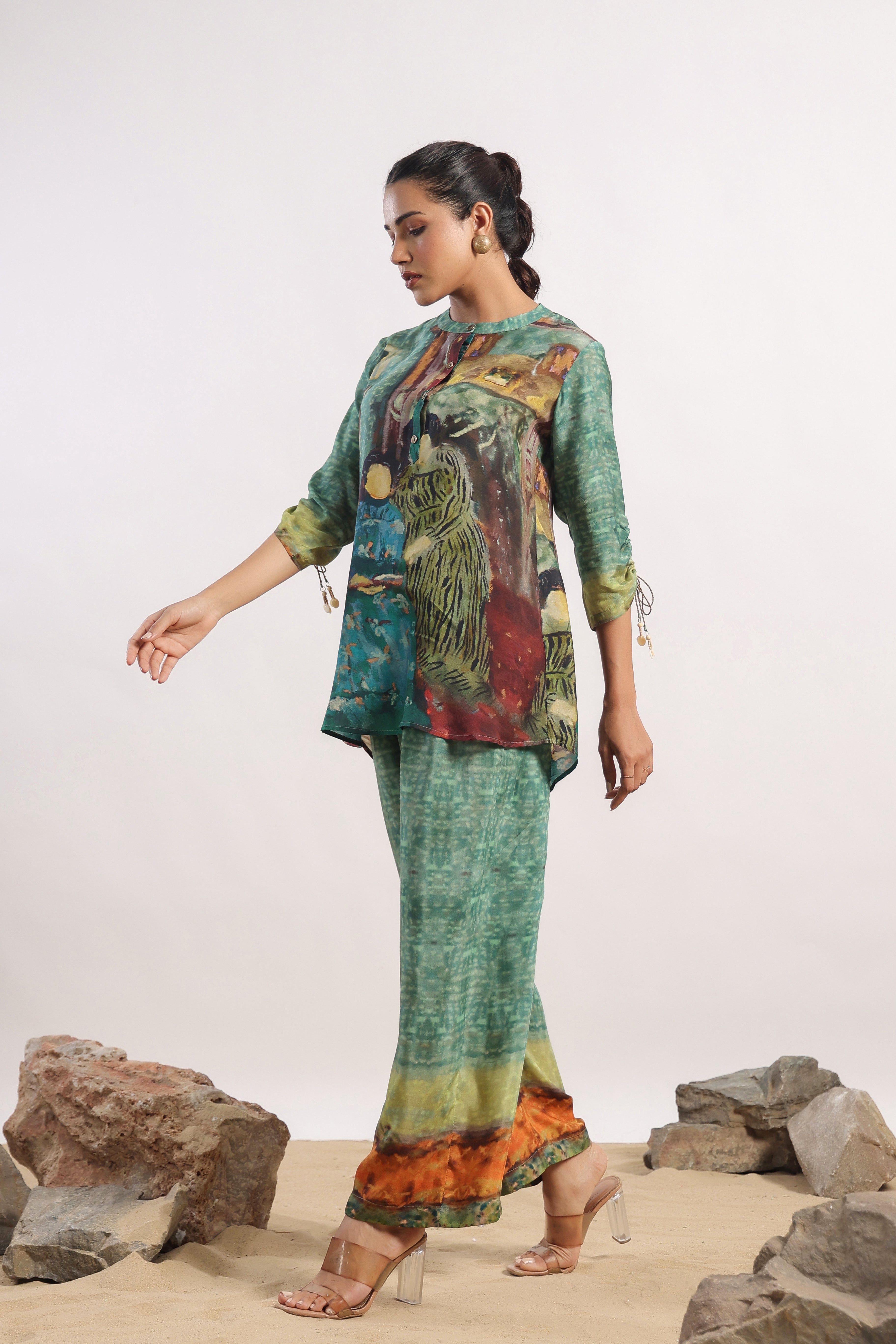 Forest Green Abstract Printed Muslin Silk Co-Ord Set