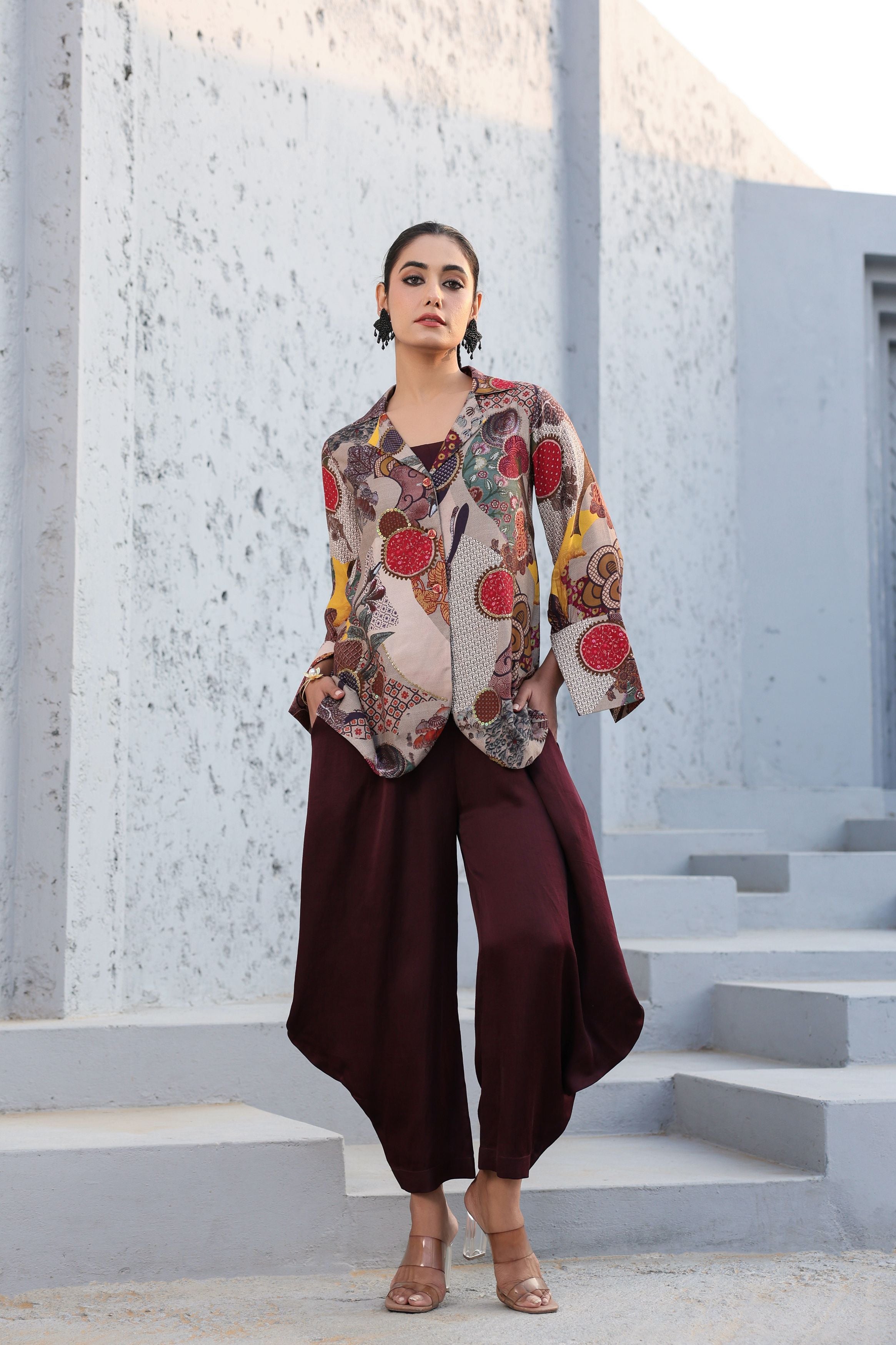 Brown Printed Dola Silk Tunic Jumpsuit