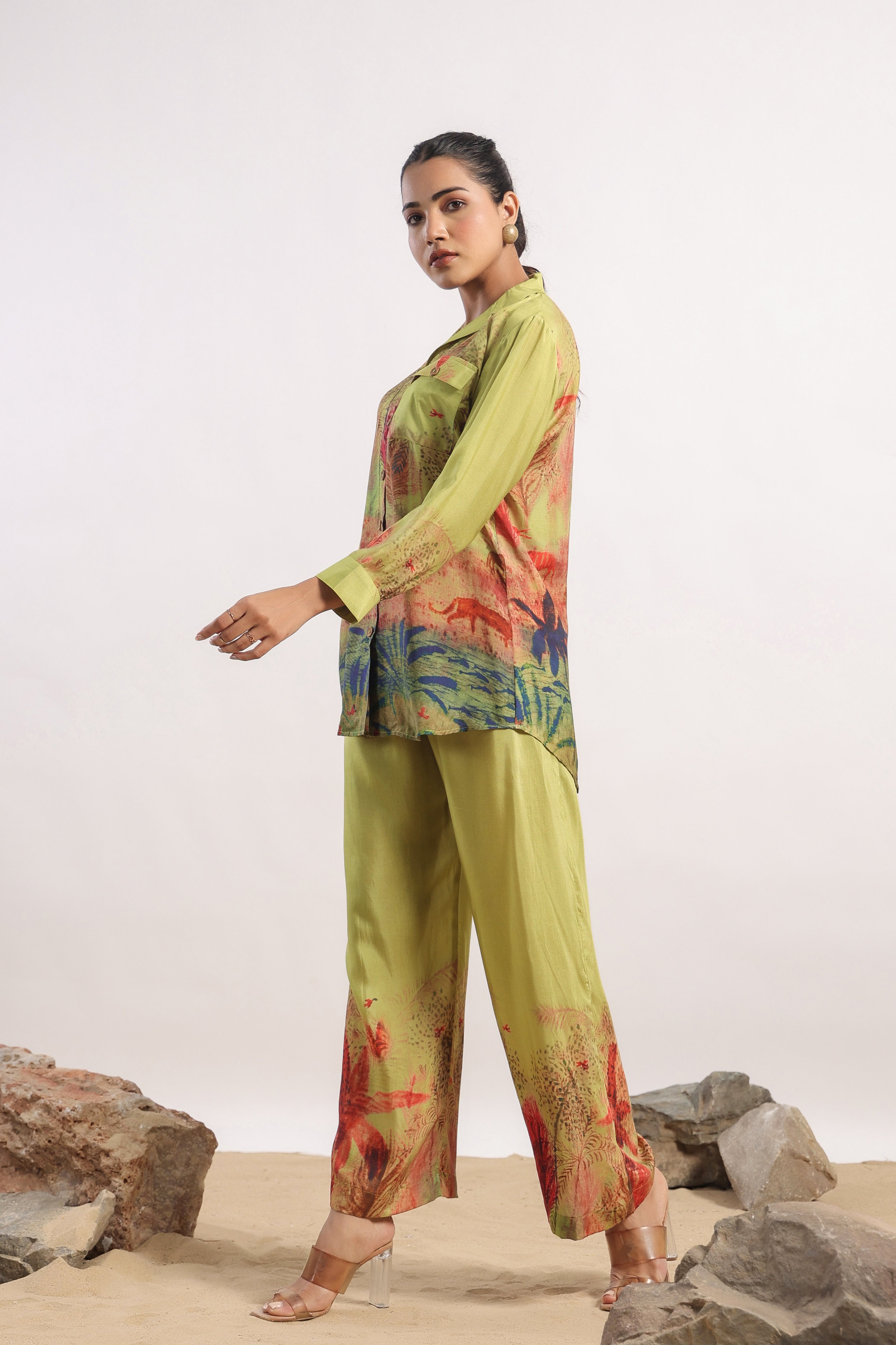 Pear Green Abstract Printed Muslin Silk Co-Ord Set