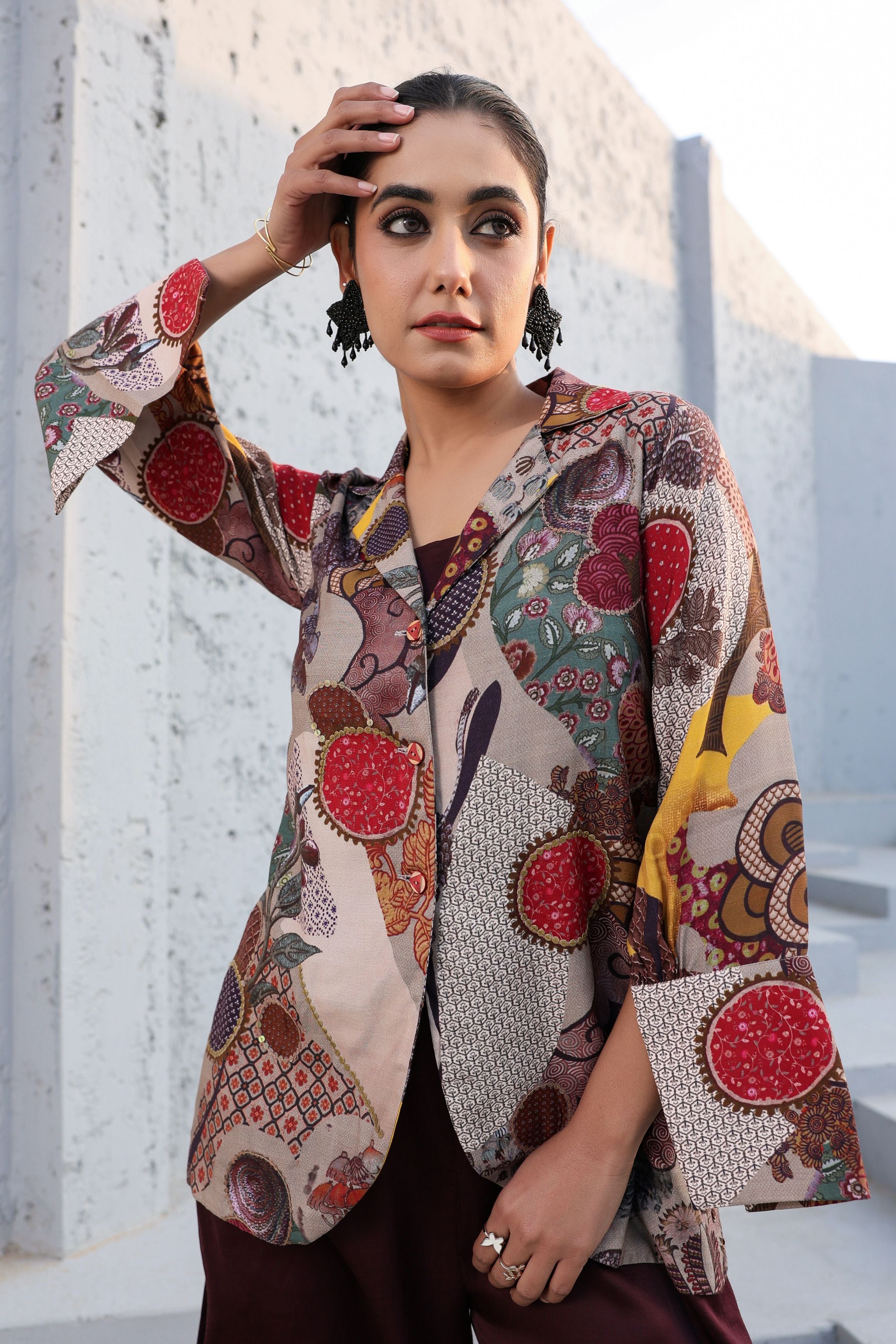 Brown Printed Dola Silk Tunic Jumpsuit