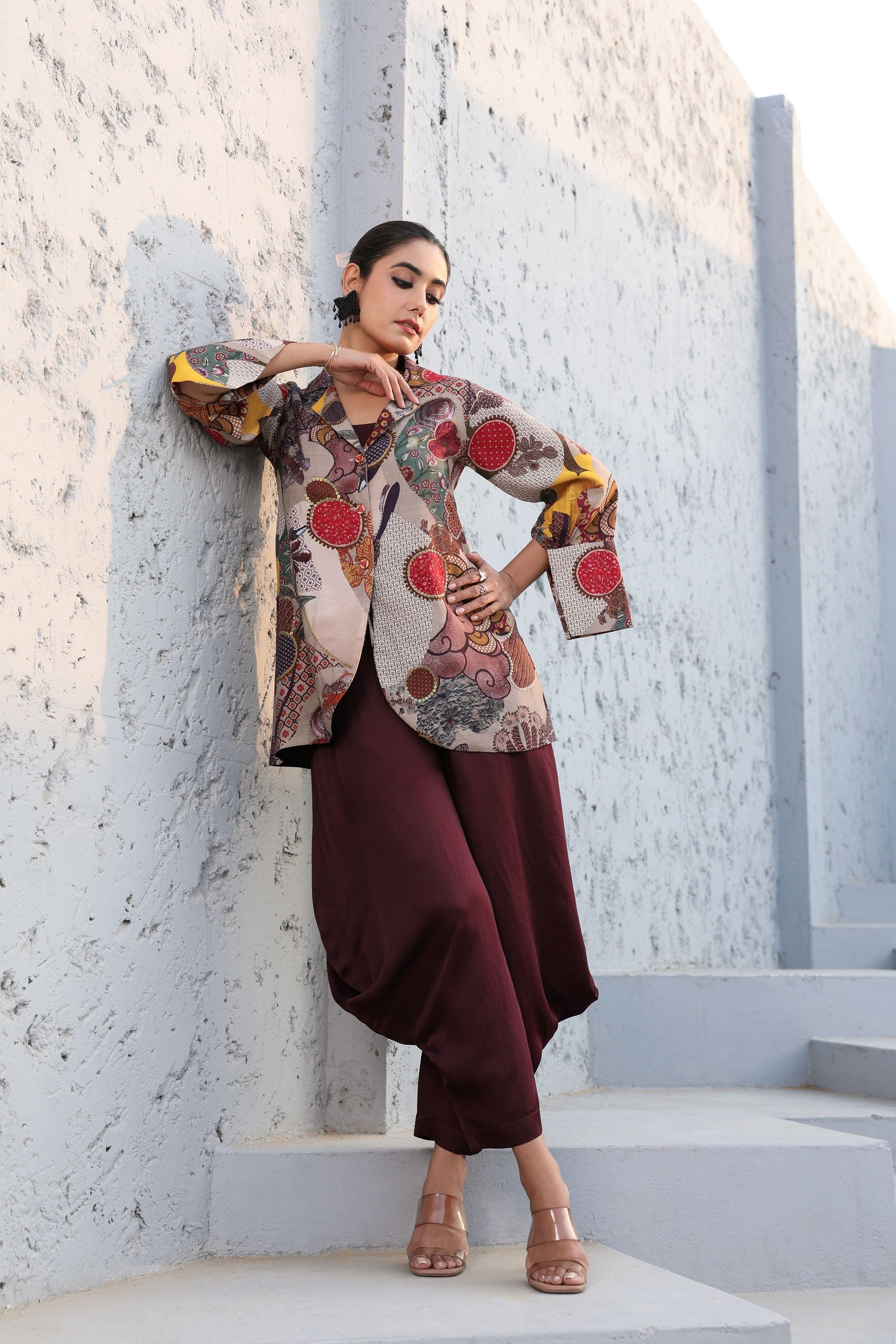 Brown Printed Dola Silk Tunic Jumpsuit