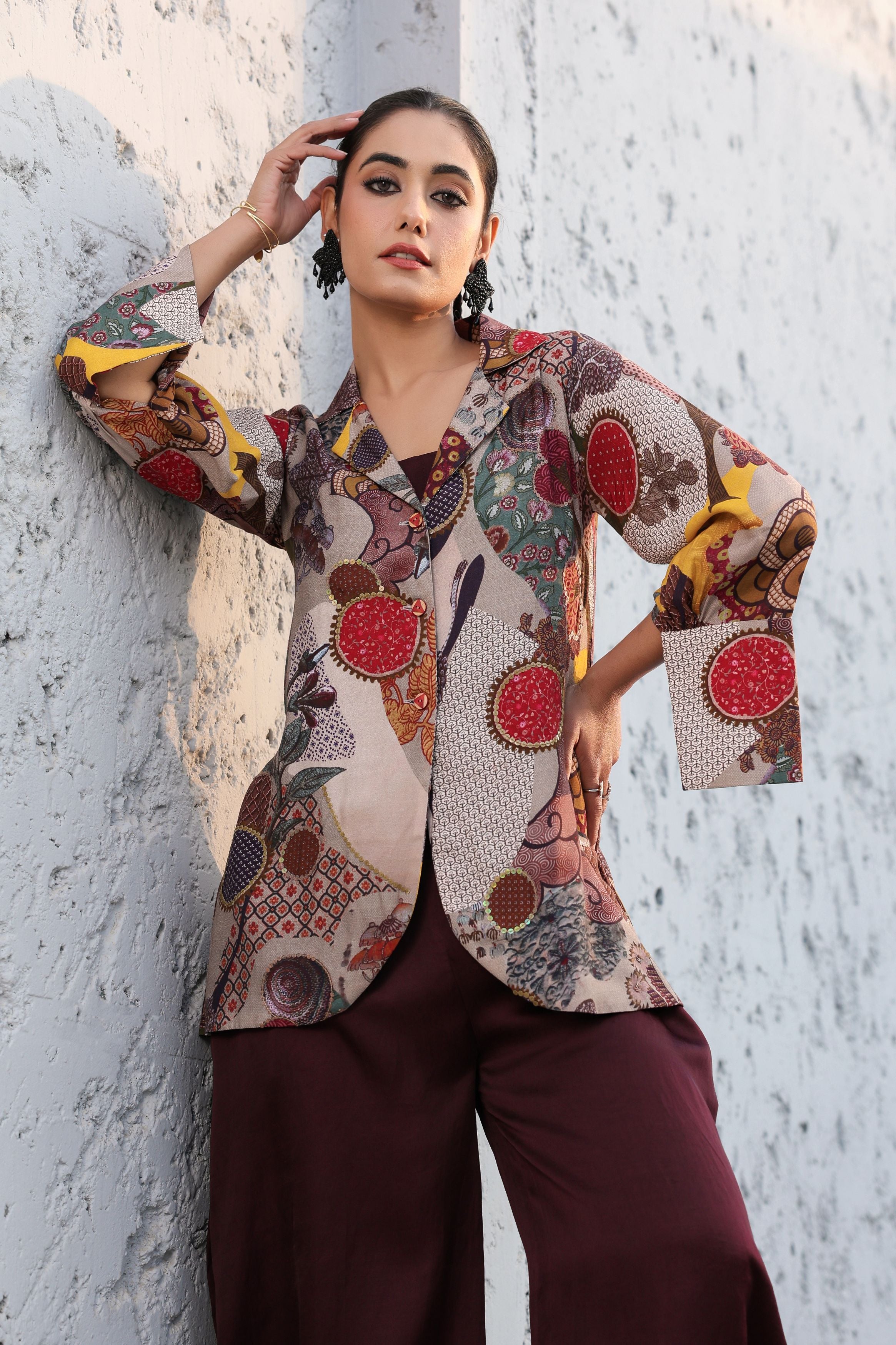 Brown Printed Dola Silk Tunic Jumpsuit