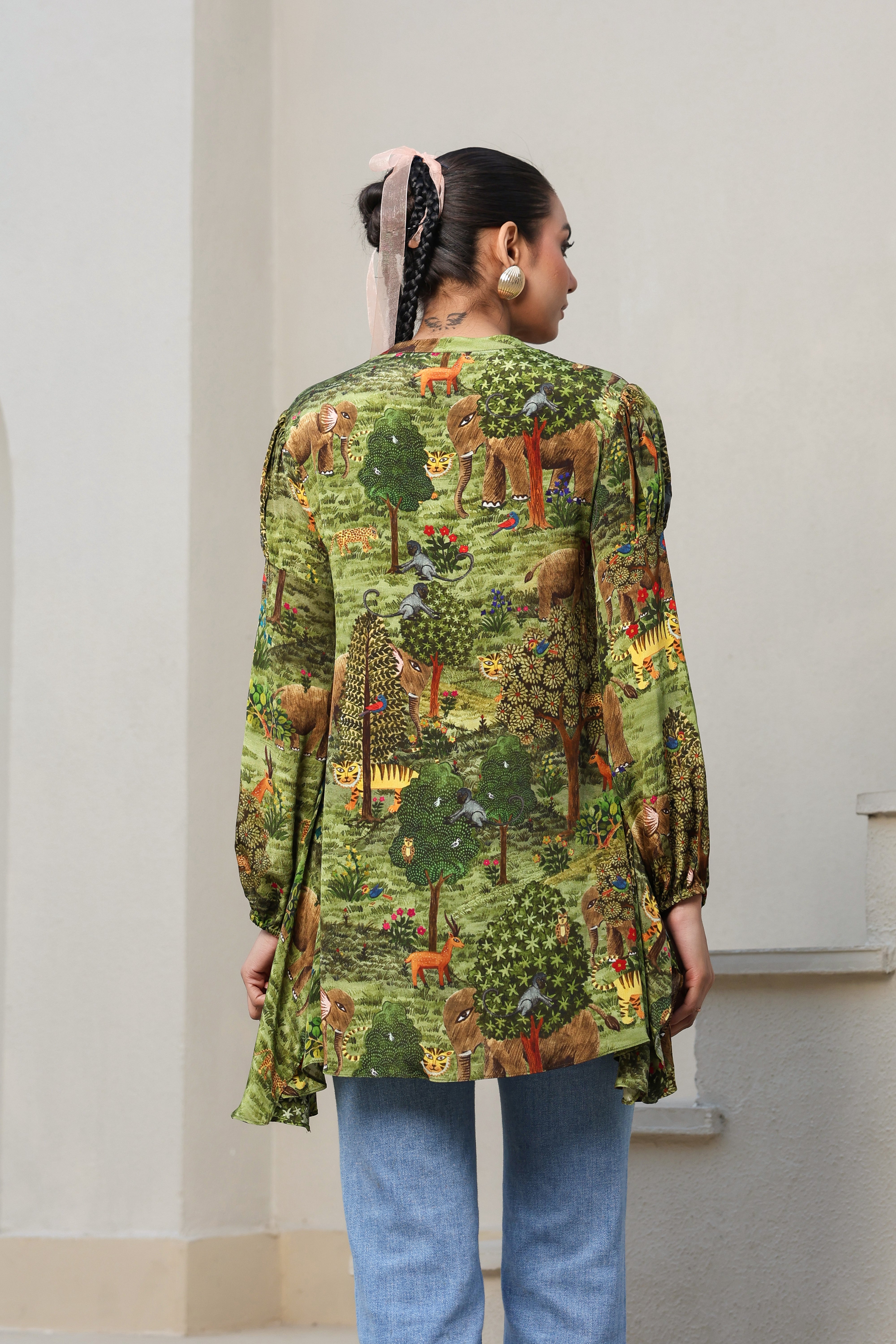 Sanctuary Green Printed Crepe Silk Shirt