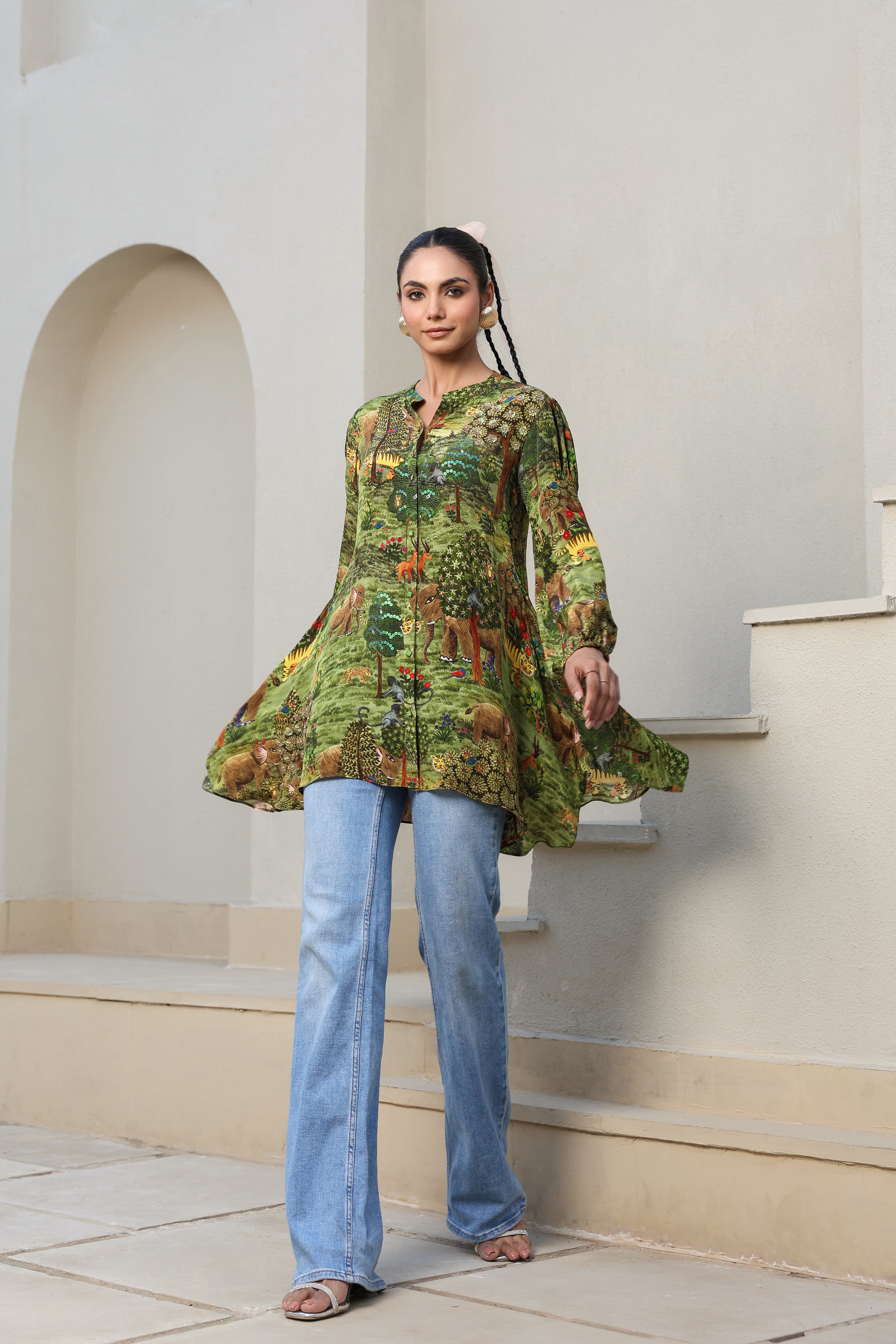 Sanctuary Green Printed Crepe Silk Shirt