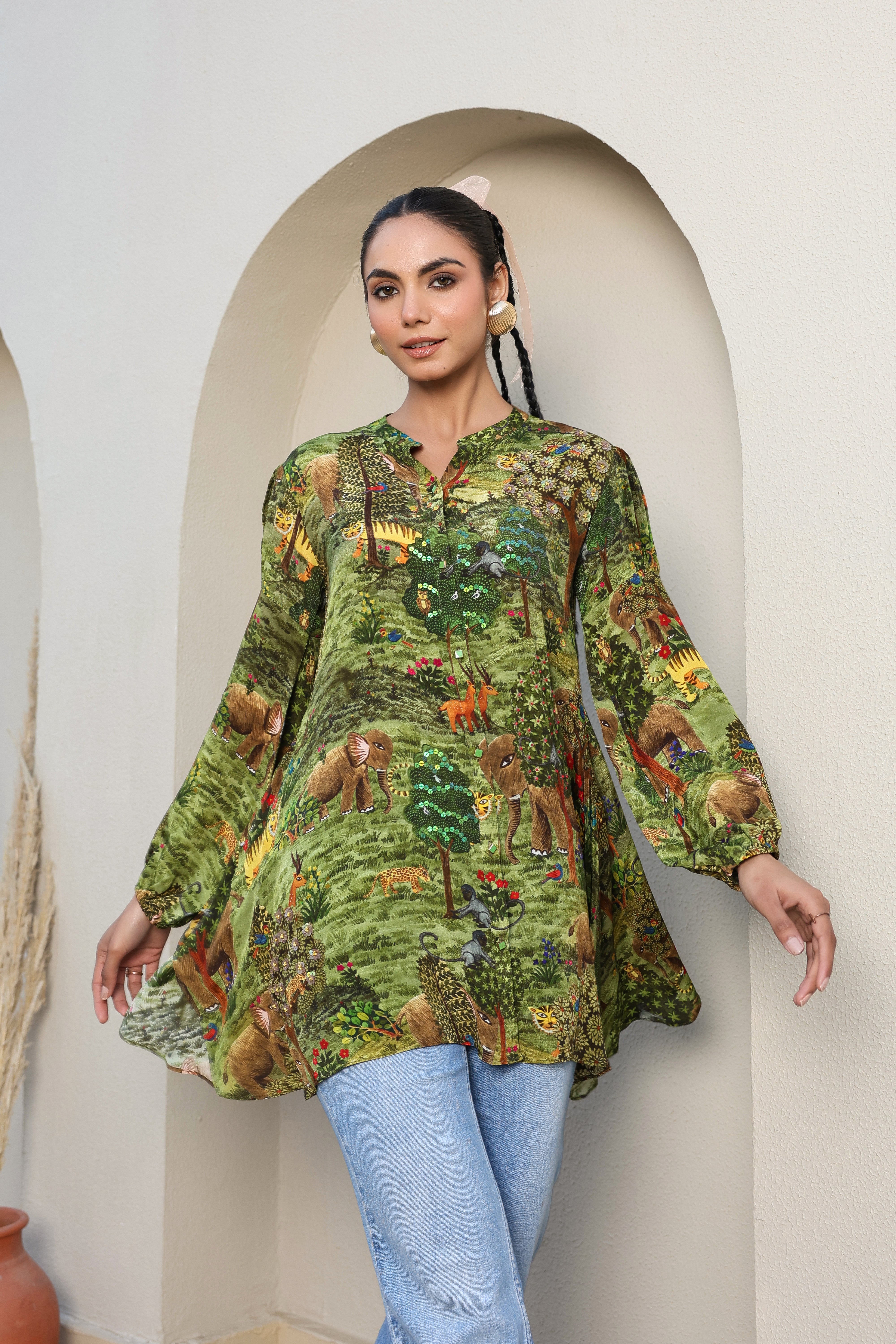 Sanctuary Green Printed Crepe Silk Shirt