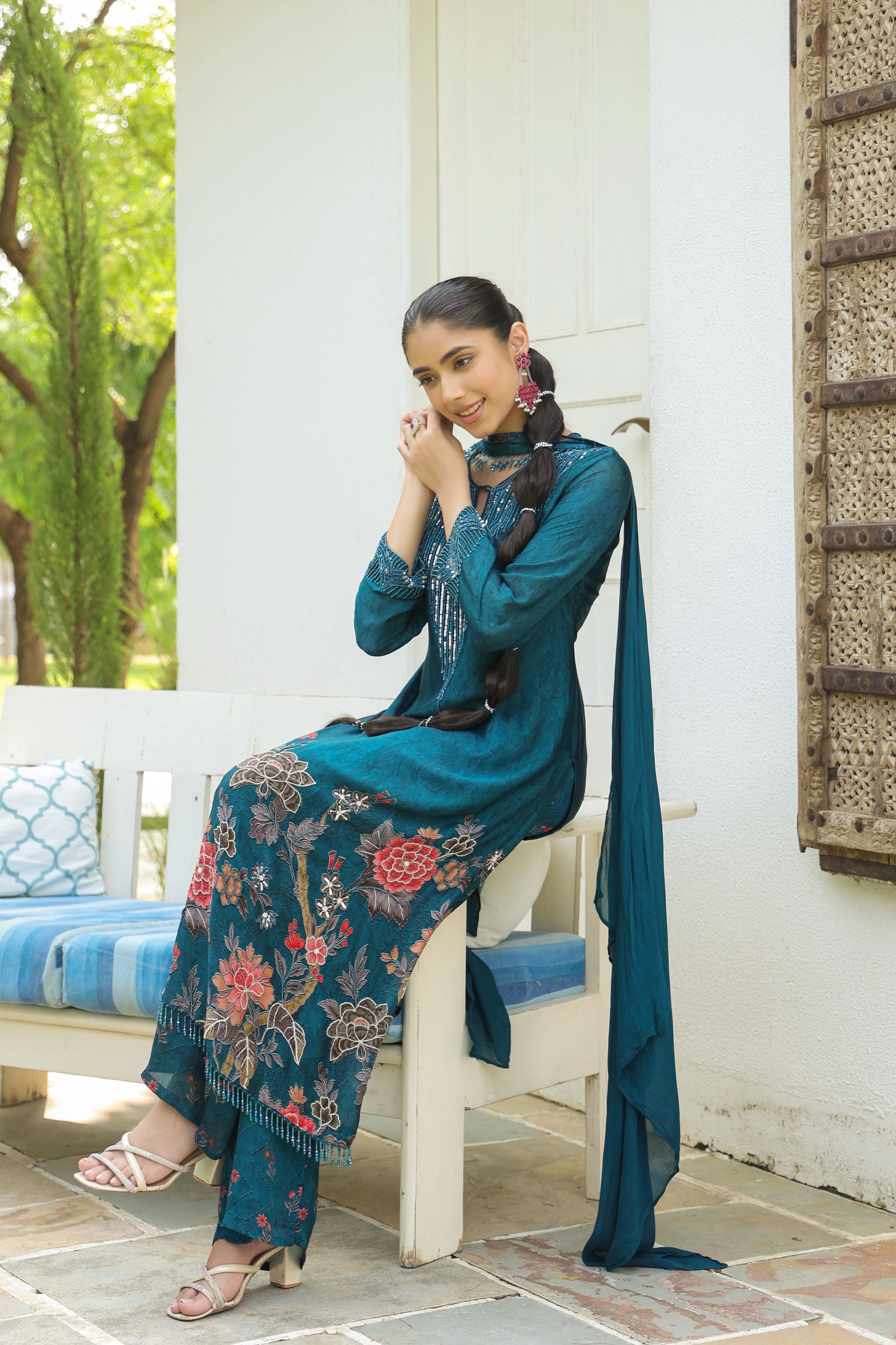 Deep Teal Floral Printed Chinon Silk Pants Set