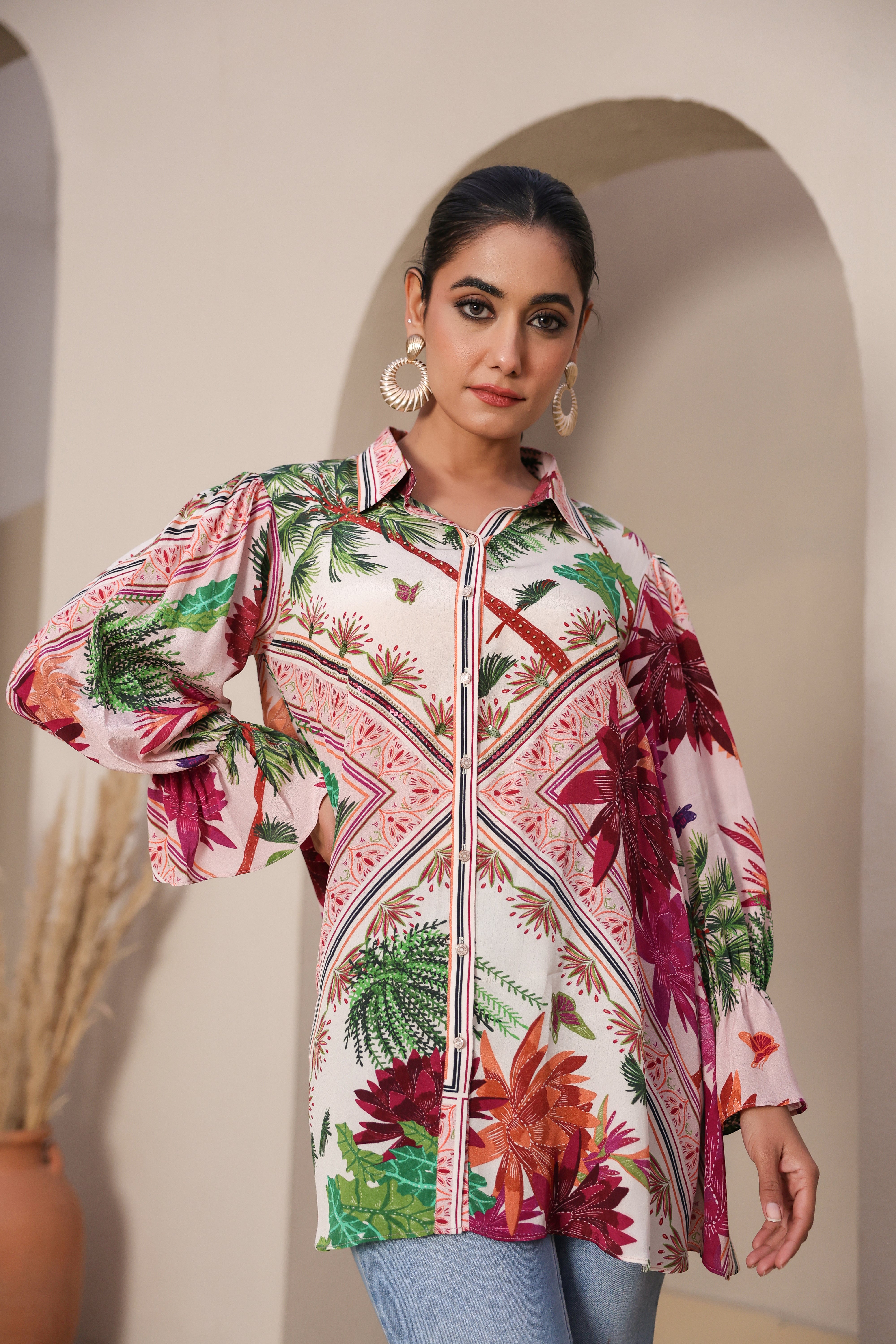 White Tropical Printed Crepe Silk Shirt