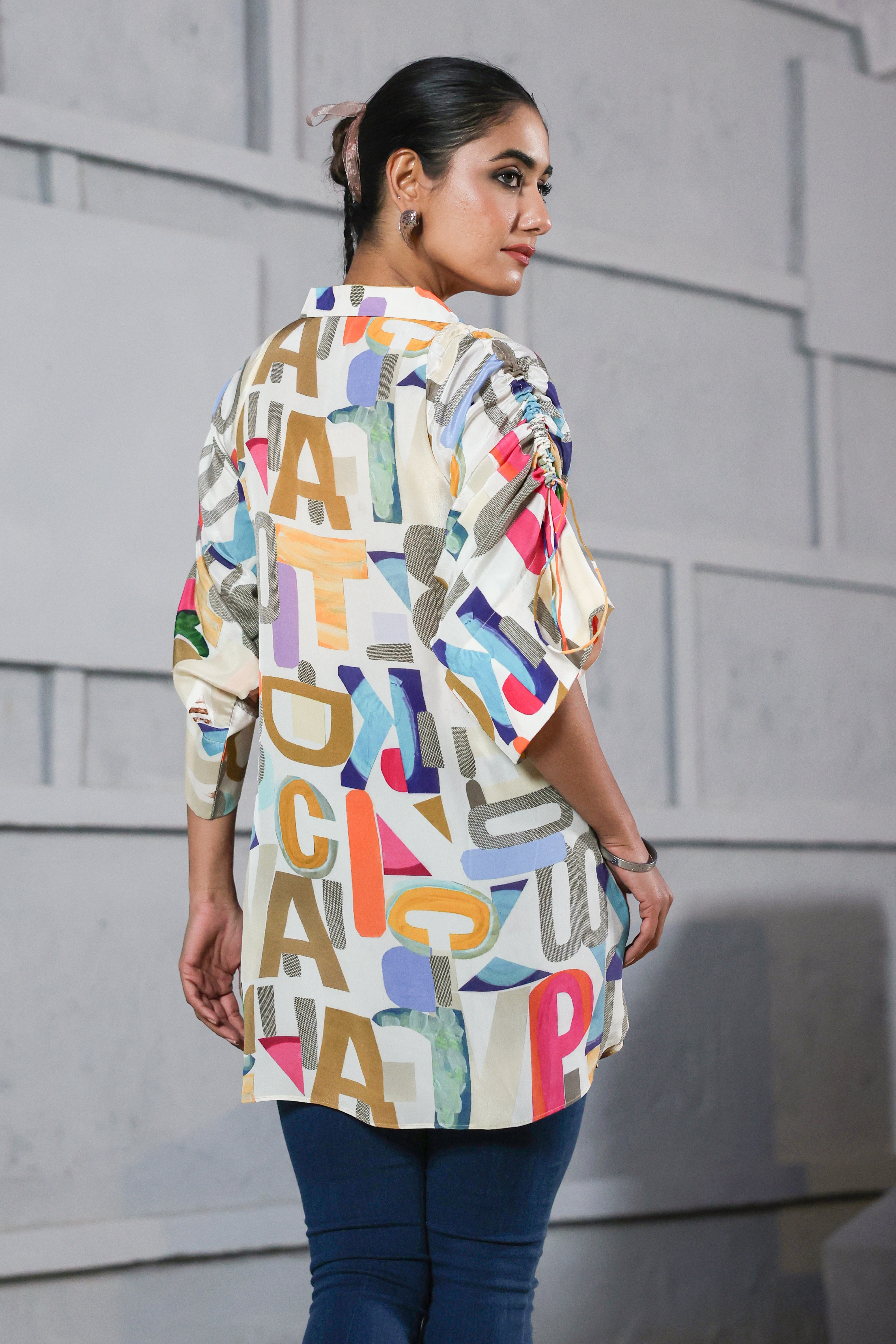 Funky Text Printed Crepe Silk Shirt