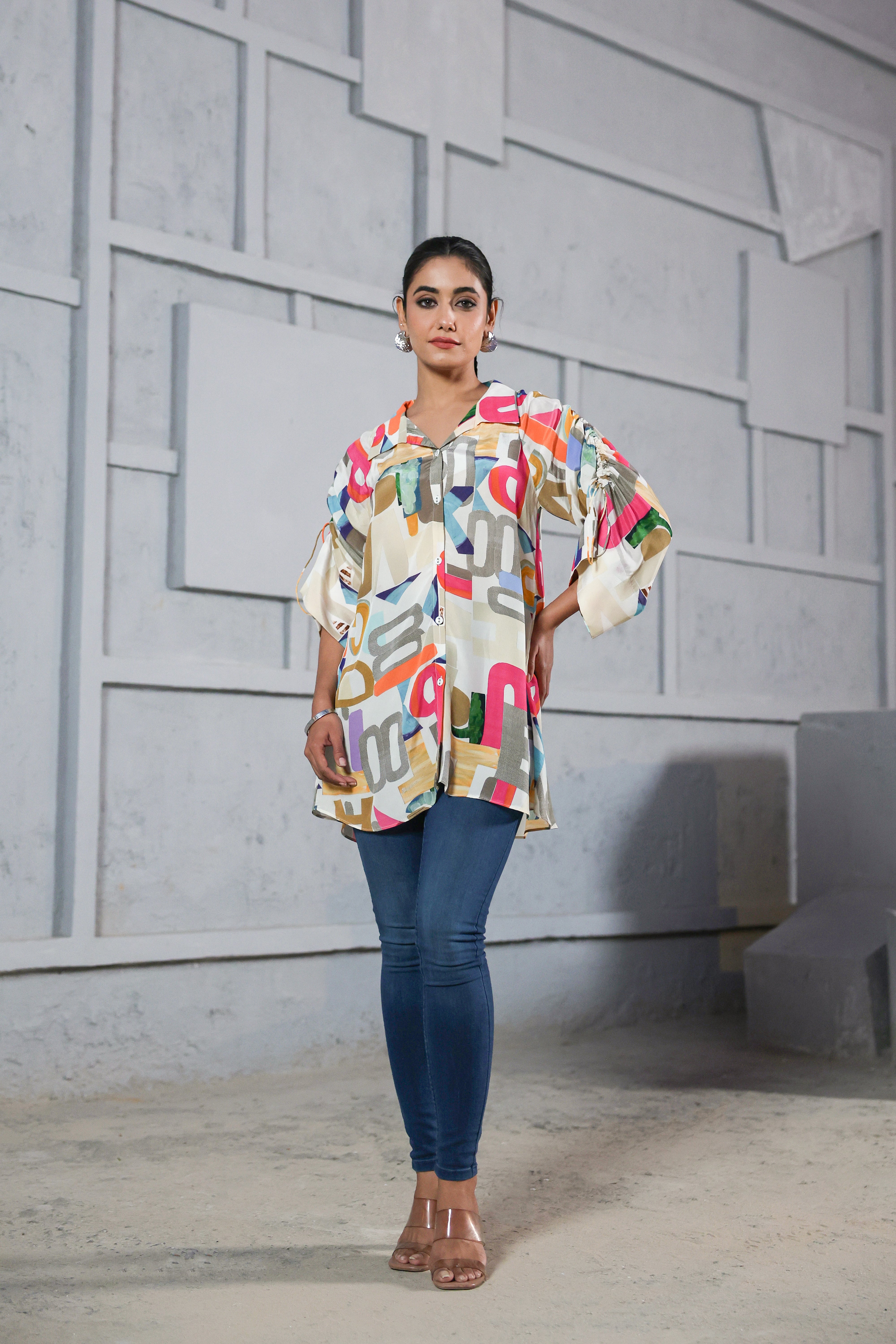 Funky Text Printed Crepe Silk Shirt