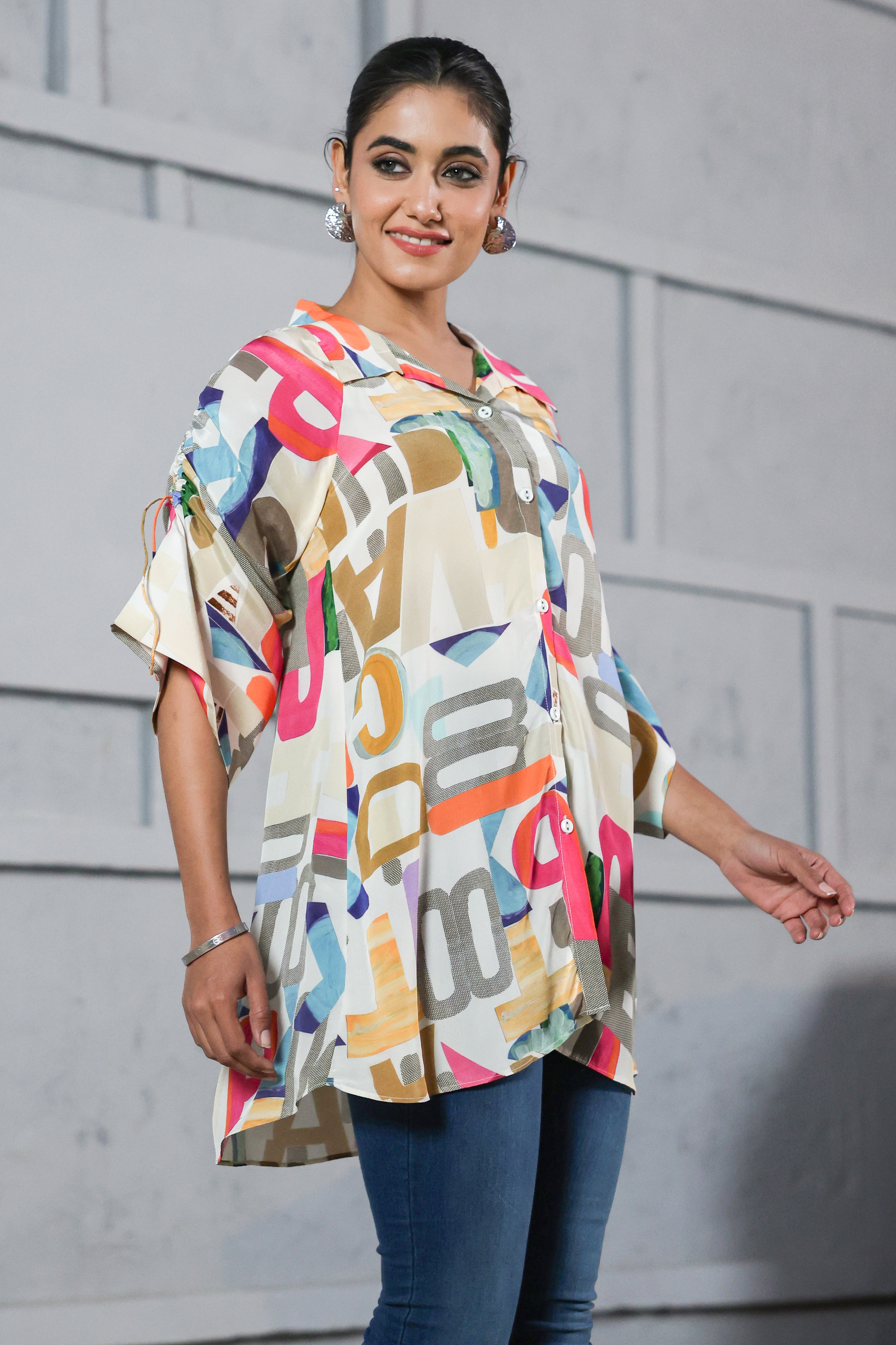 Funky Text Printed Crepe Silk Shirt