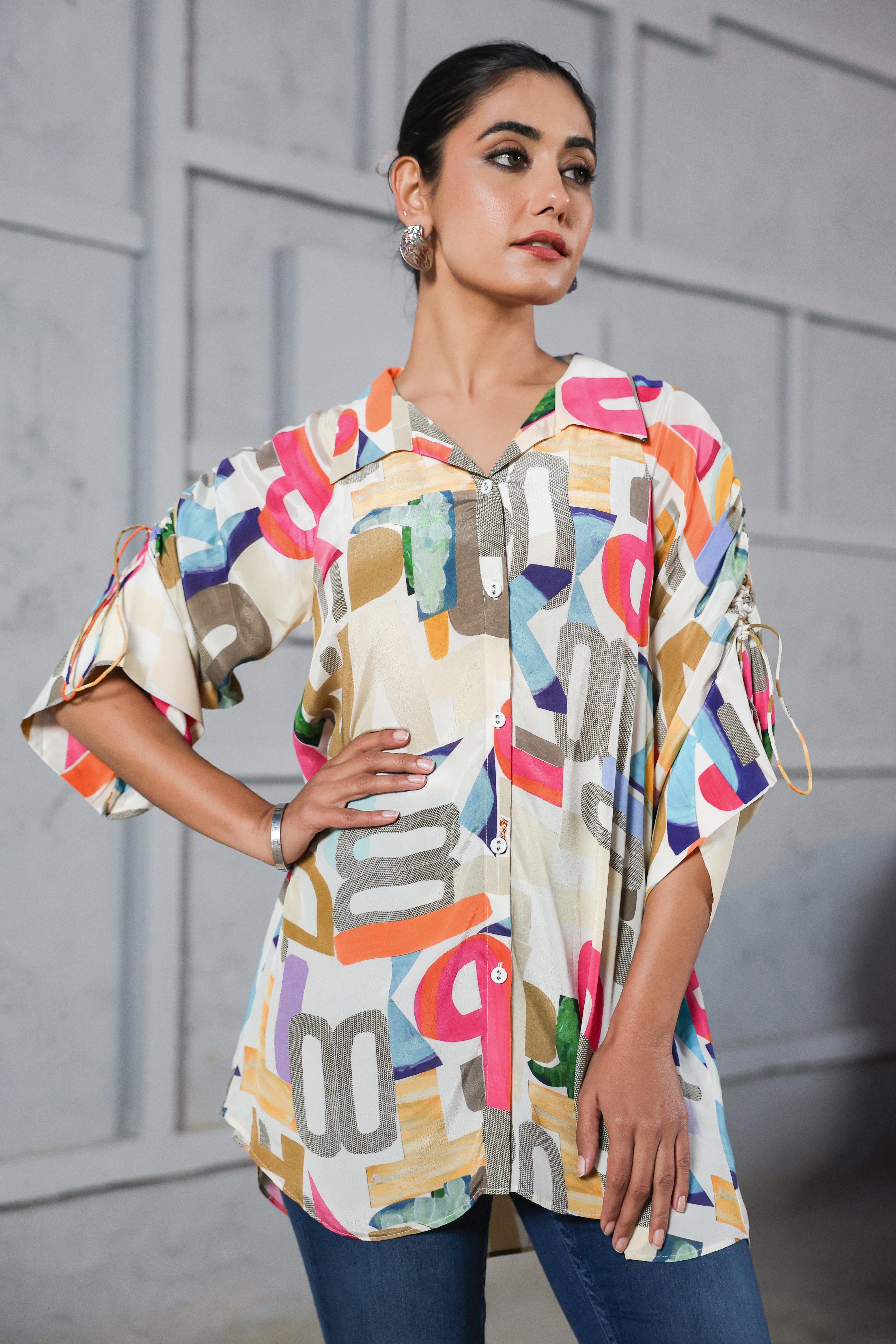 Funky Text Printed Crepe Silk Shirt