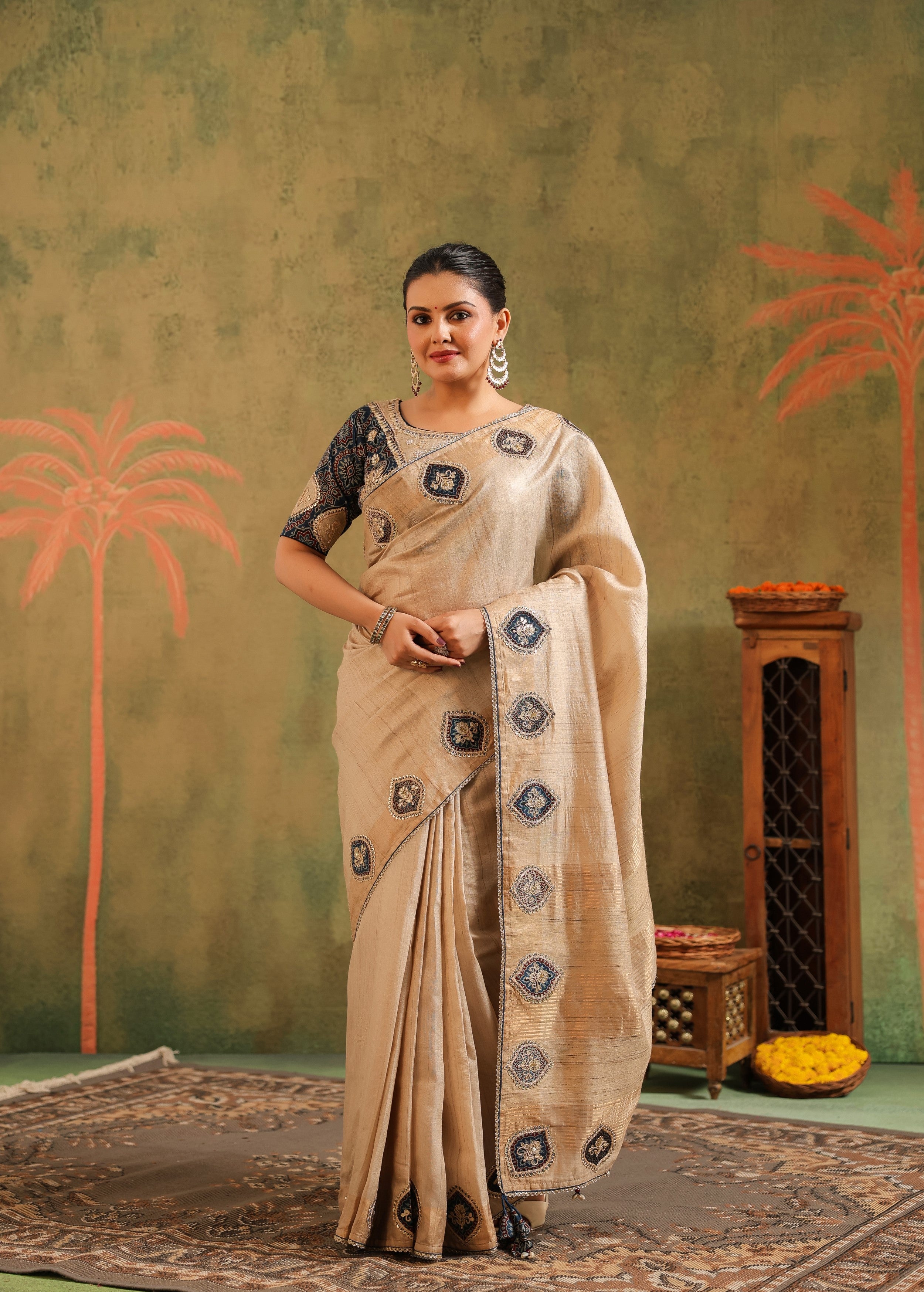 Classic Beige Embroidered Premium Silk Saree