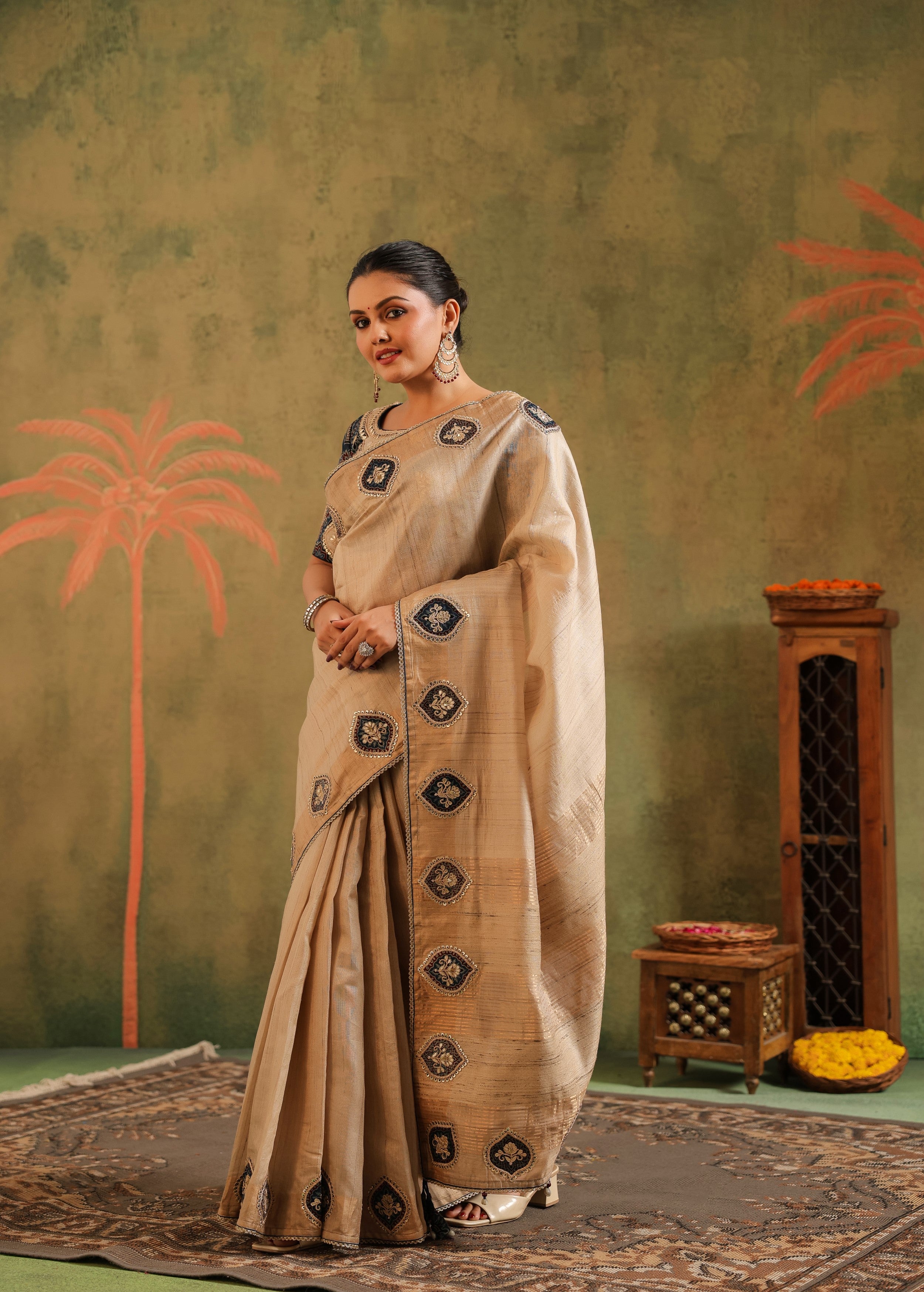 Classic Beige Embroidered Premium Silk Saree