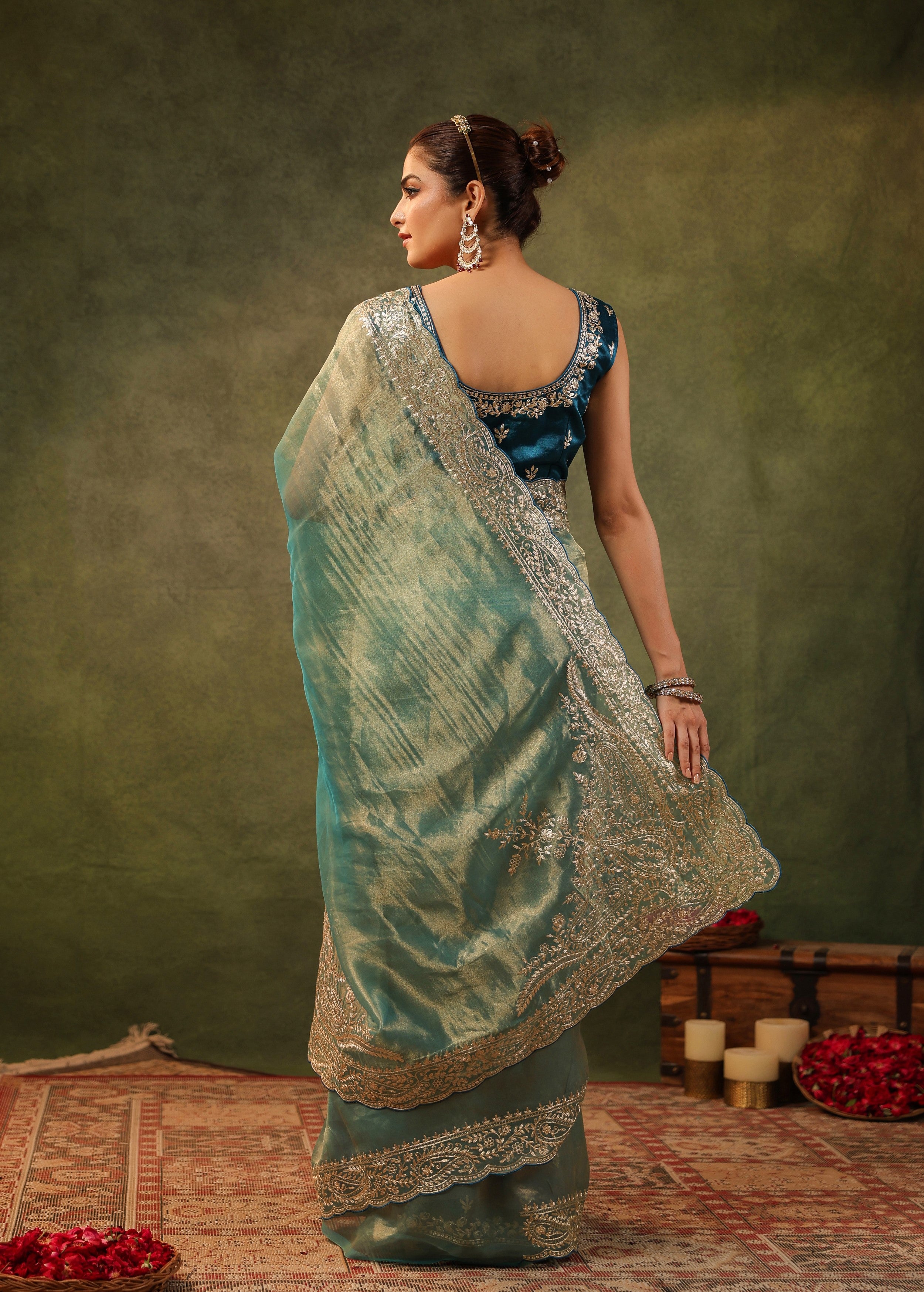 Sea Green Embroidered Organza Silk Saree