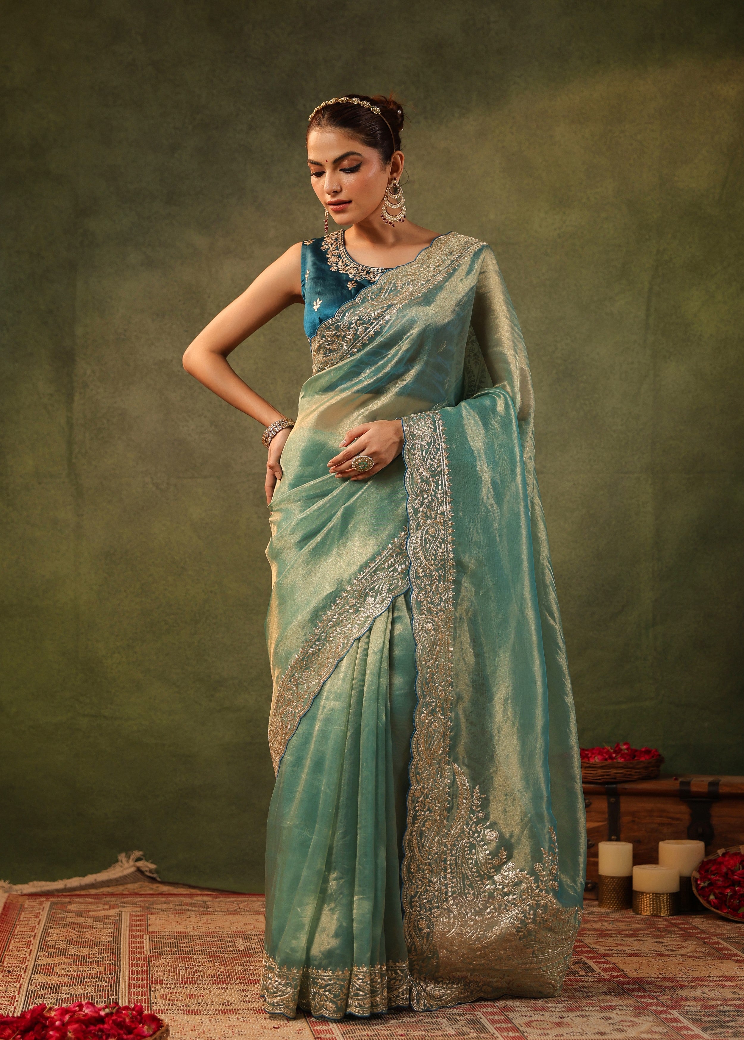 Sea Green Embroidered Organza Silk Saree