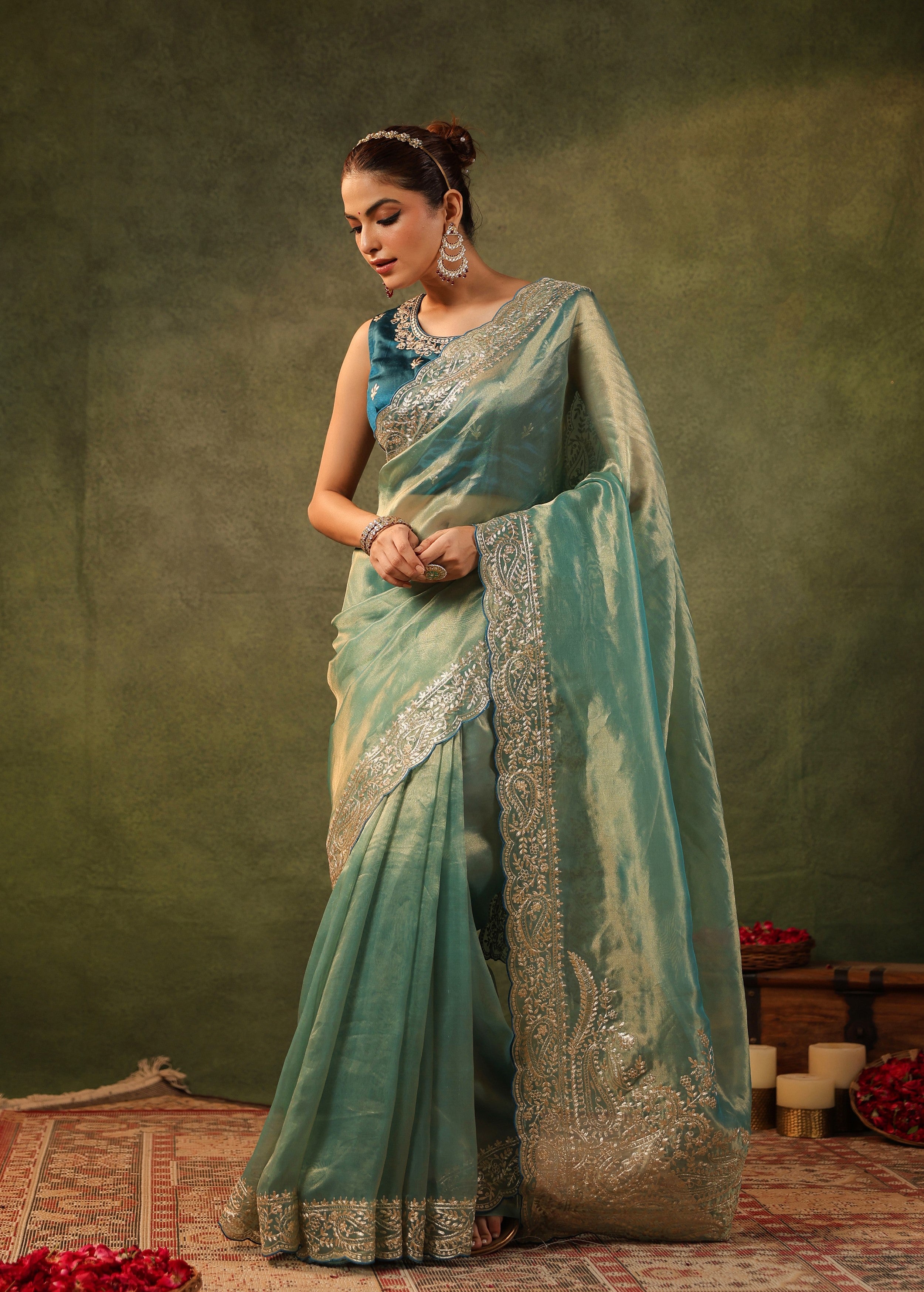 Sea Green Embroidered Organza Silk Saree