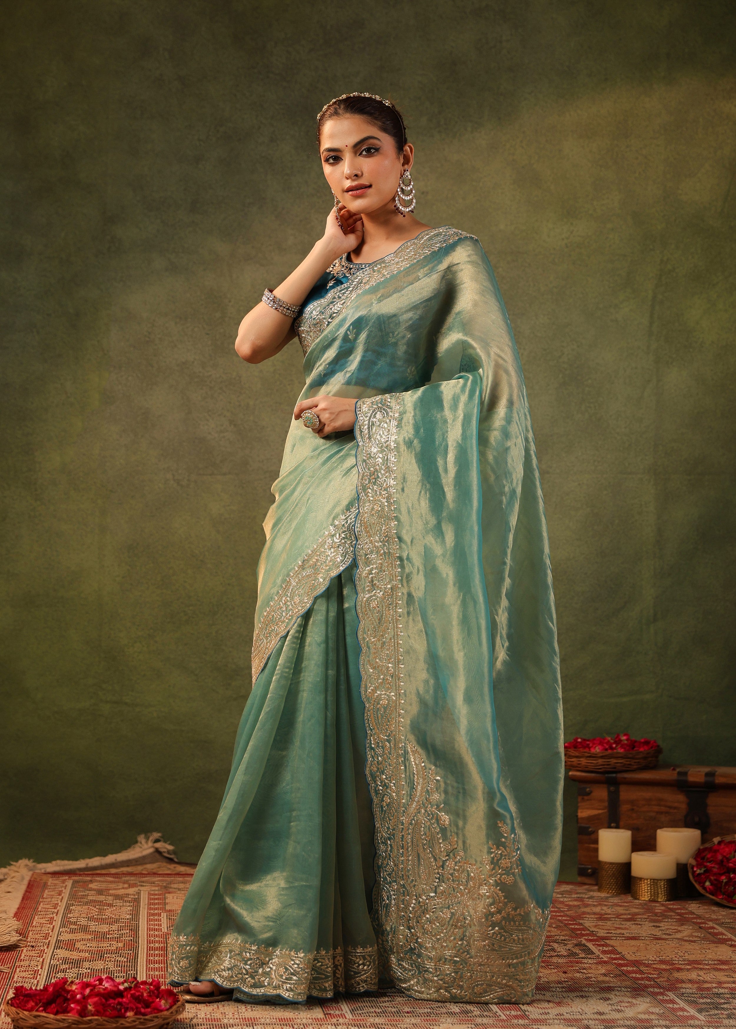 Sea Green Embroidered Organza Silk Saree