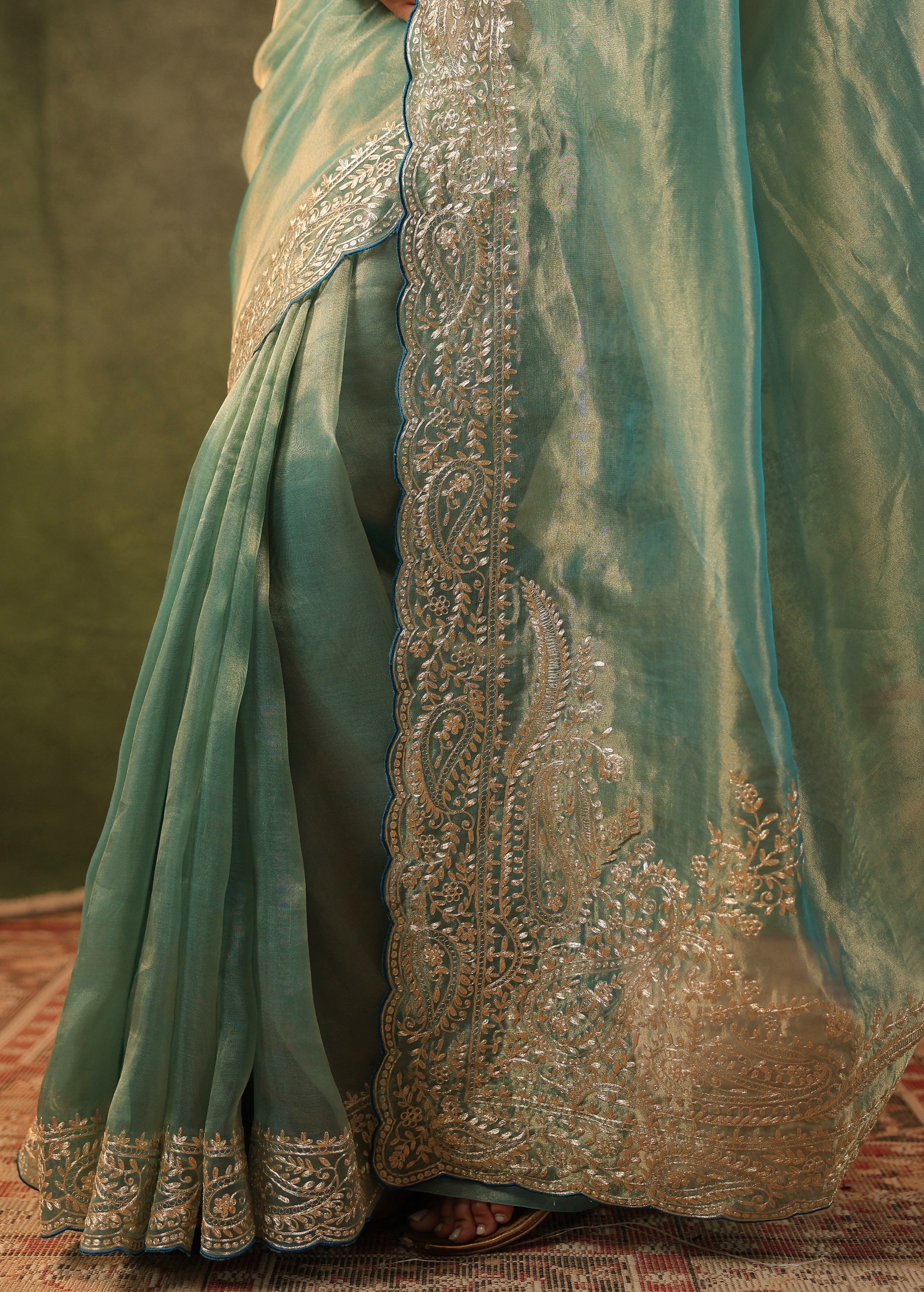 Sea Green Embroidered Organza Silk Saree