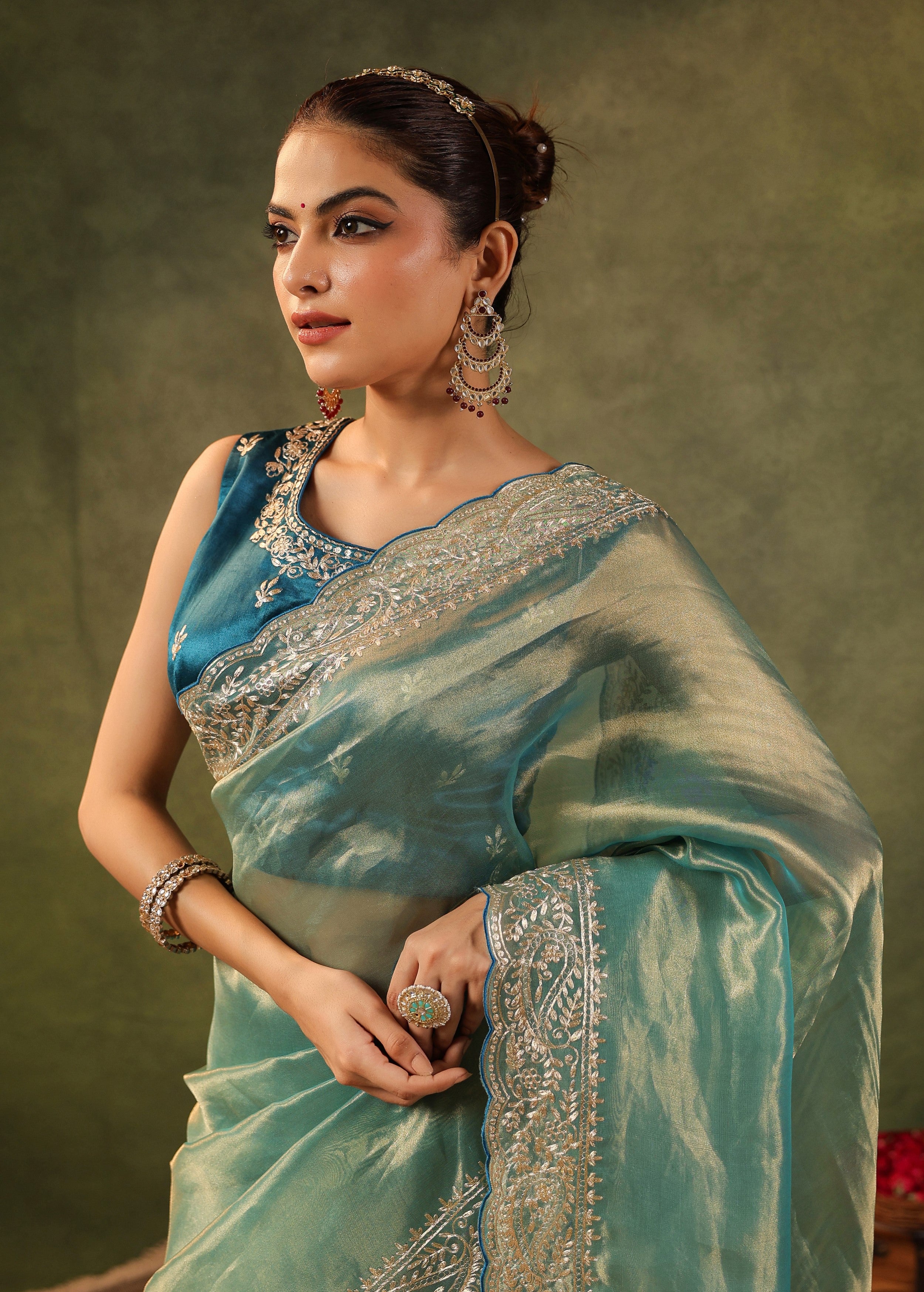 Sea Green Embroidered Organza Silk Saree