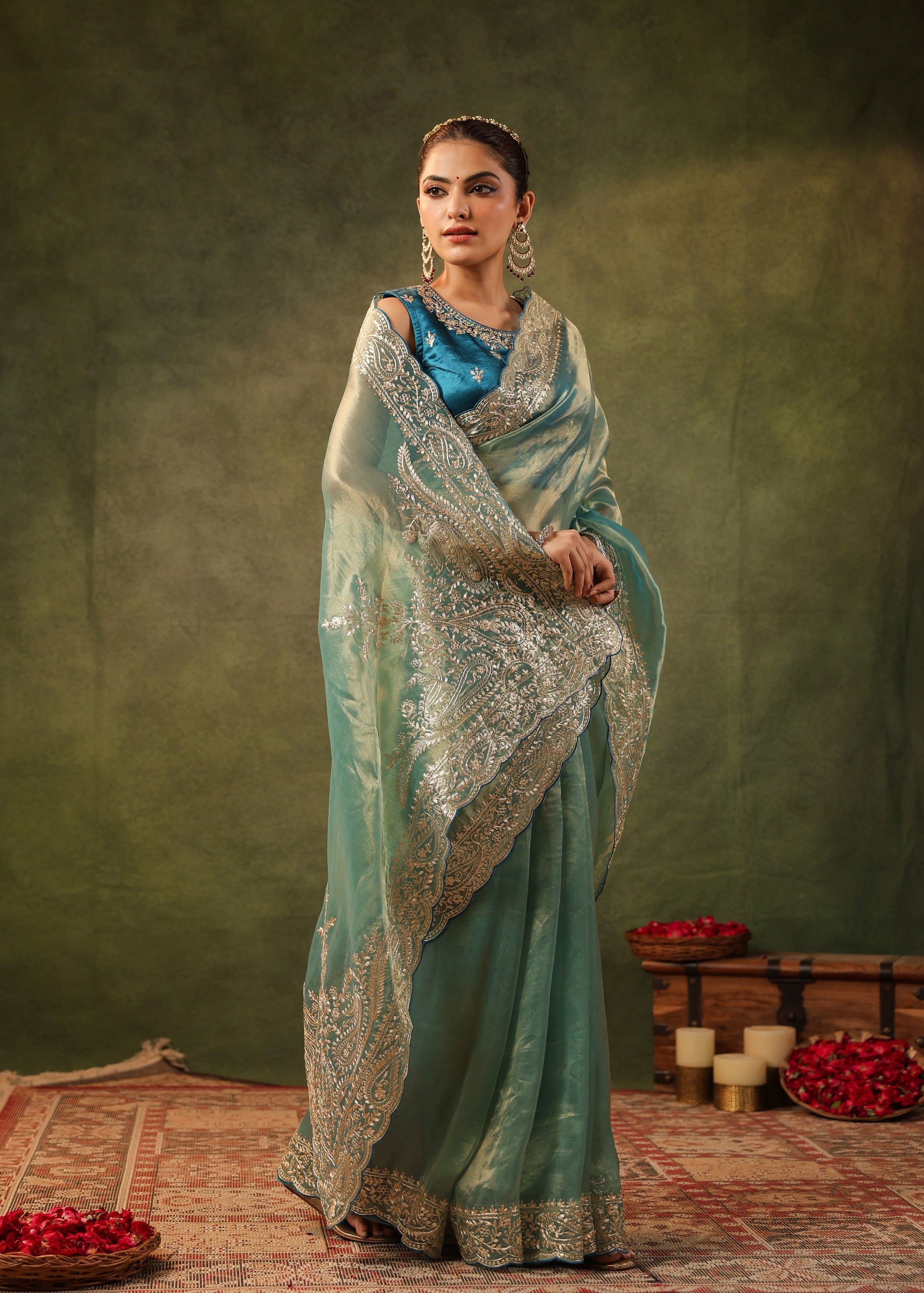 Sea Green Embroidered Organza Silk Saree