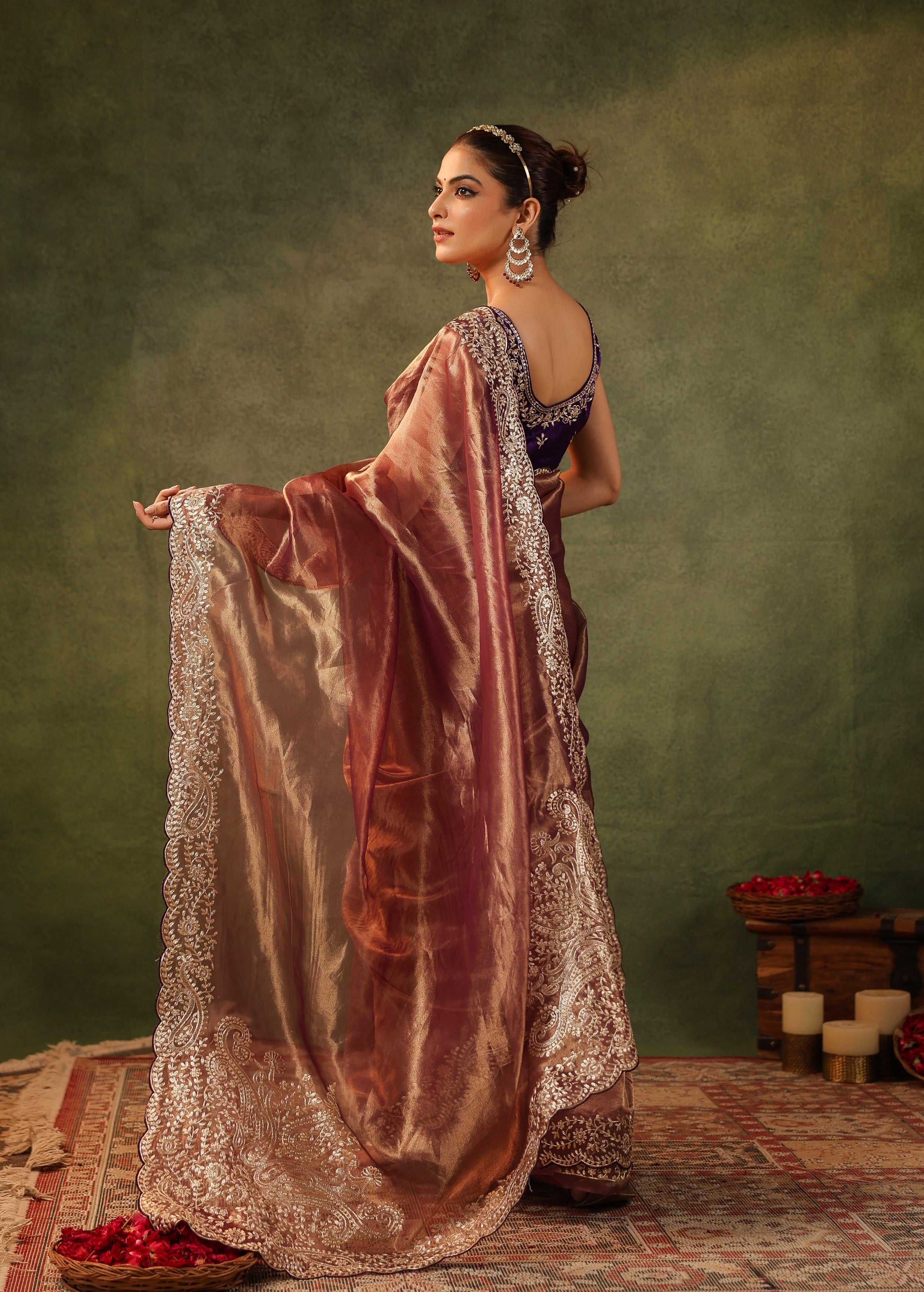 Antique Maroon Embroidered Organza Silk Saree