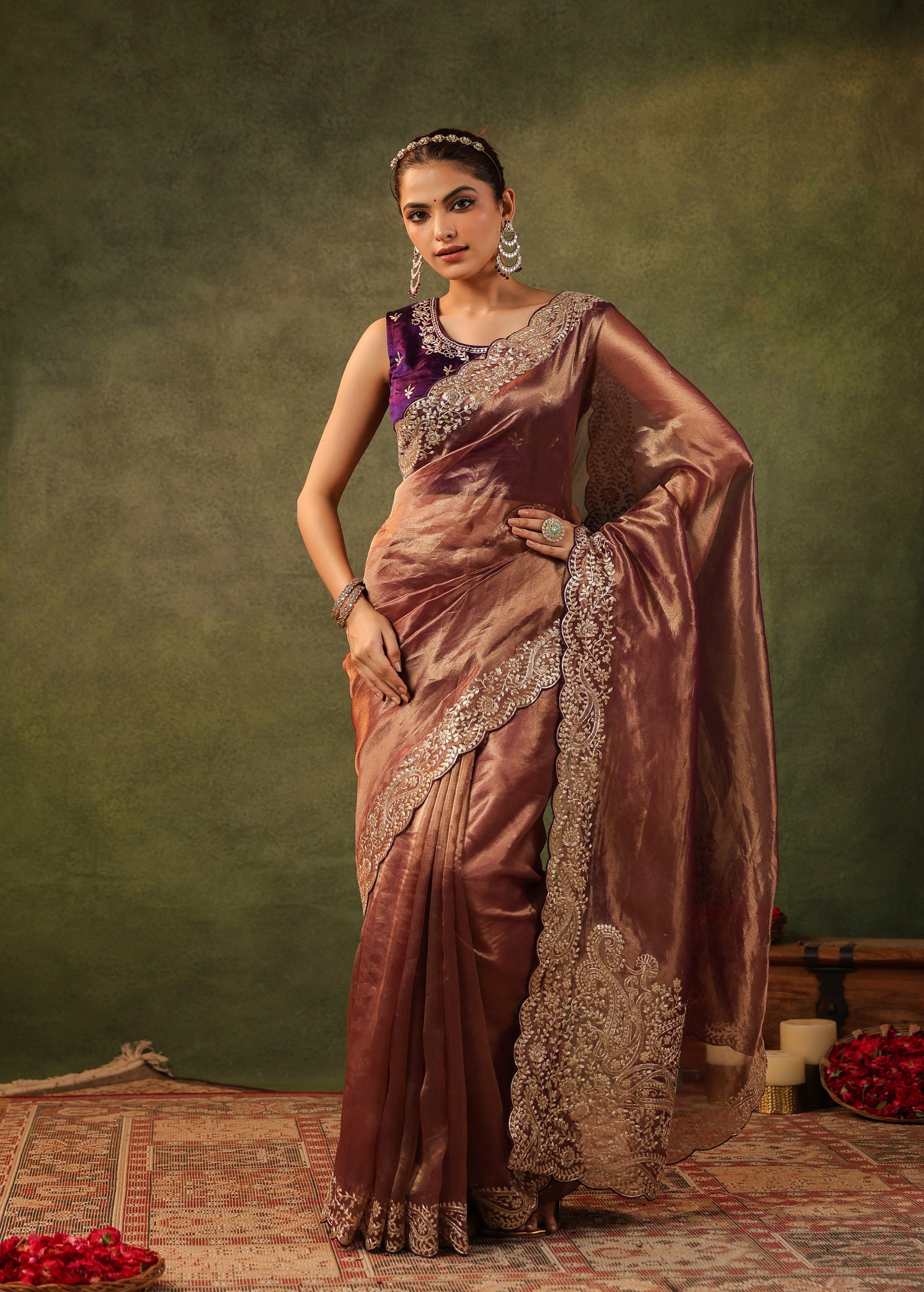 Antique Maroon Embroidered Organza Silk Saree