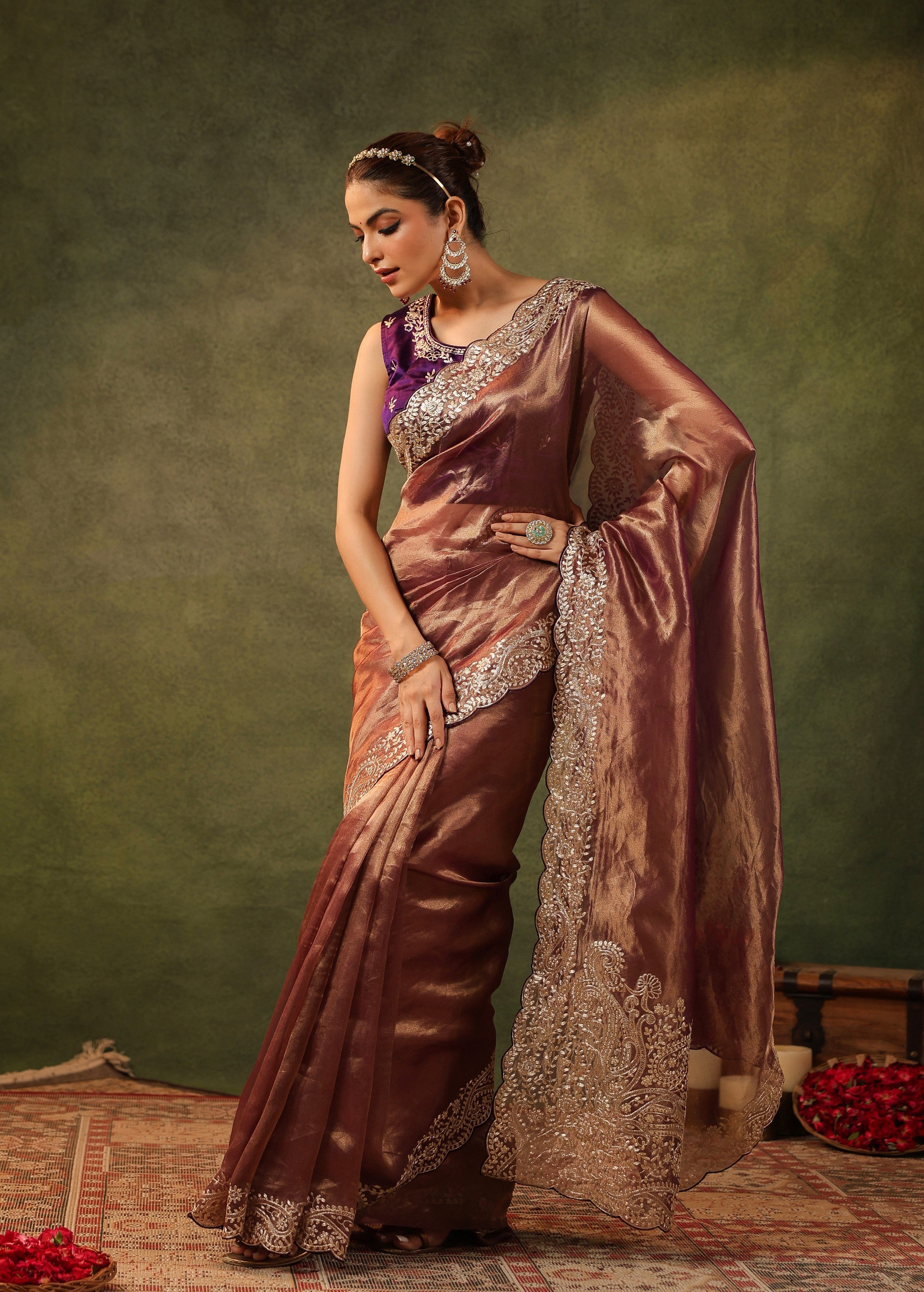 Antique Maroon Embroidered Organza Silk Saree