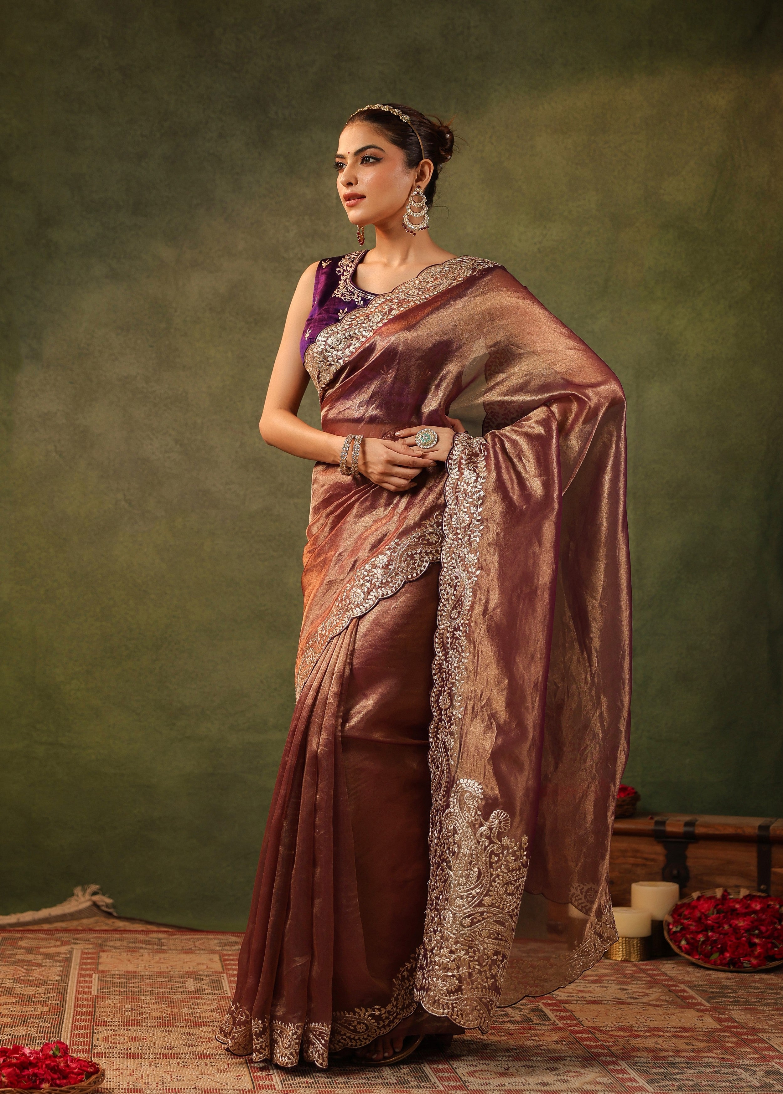 Antique Maroon Embroidered Organza Silk Saree
