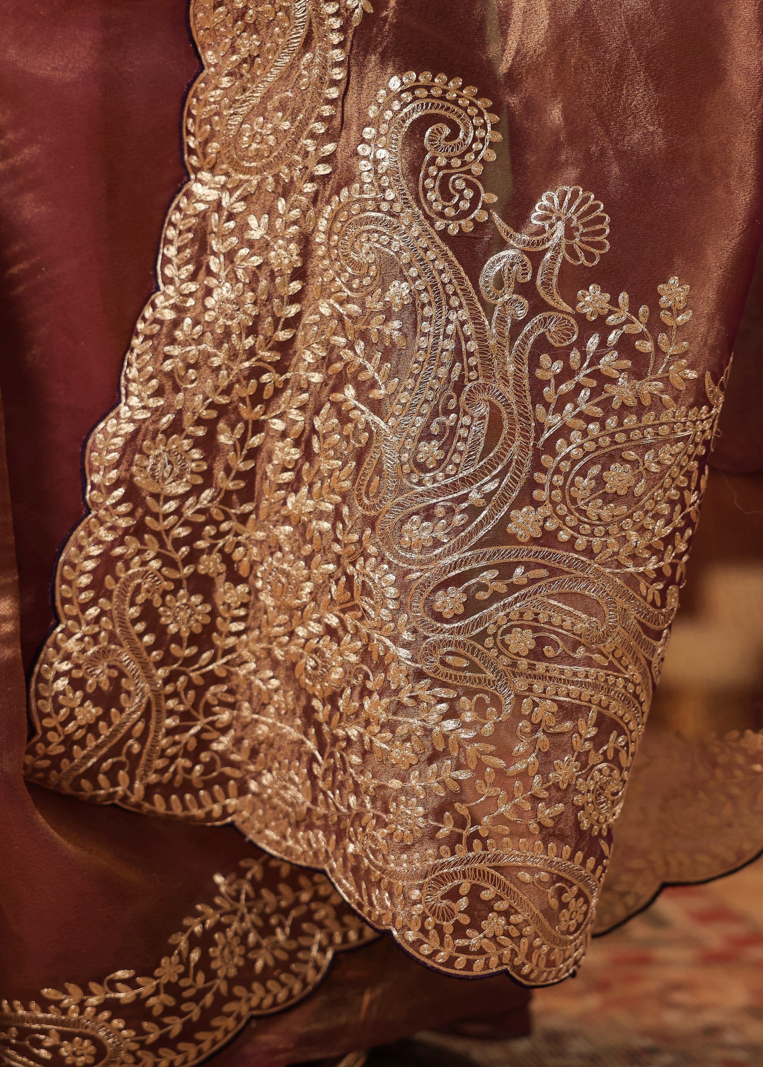 Antique Maroon Embroidered Organza Silk Saree