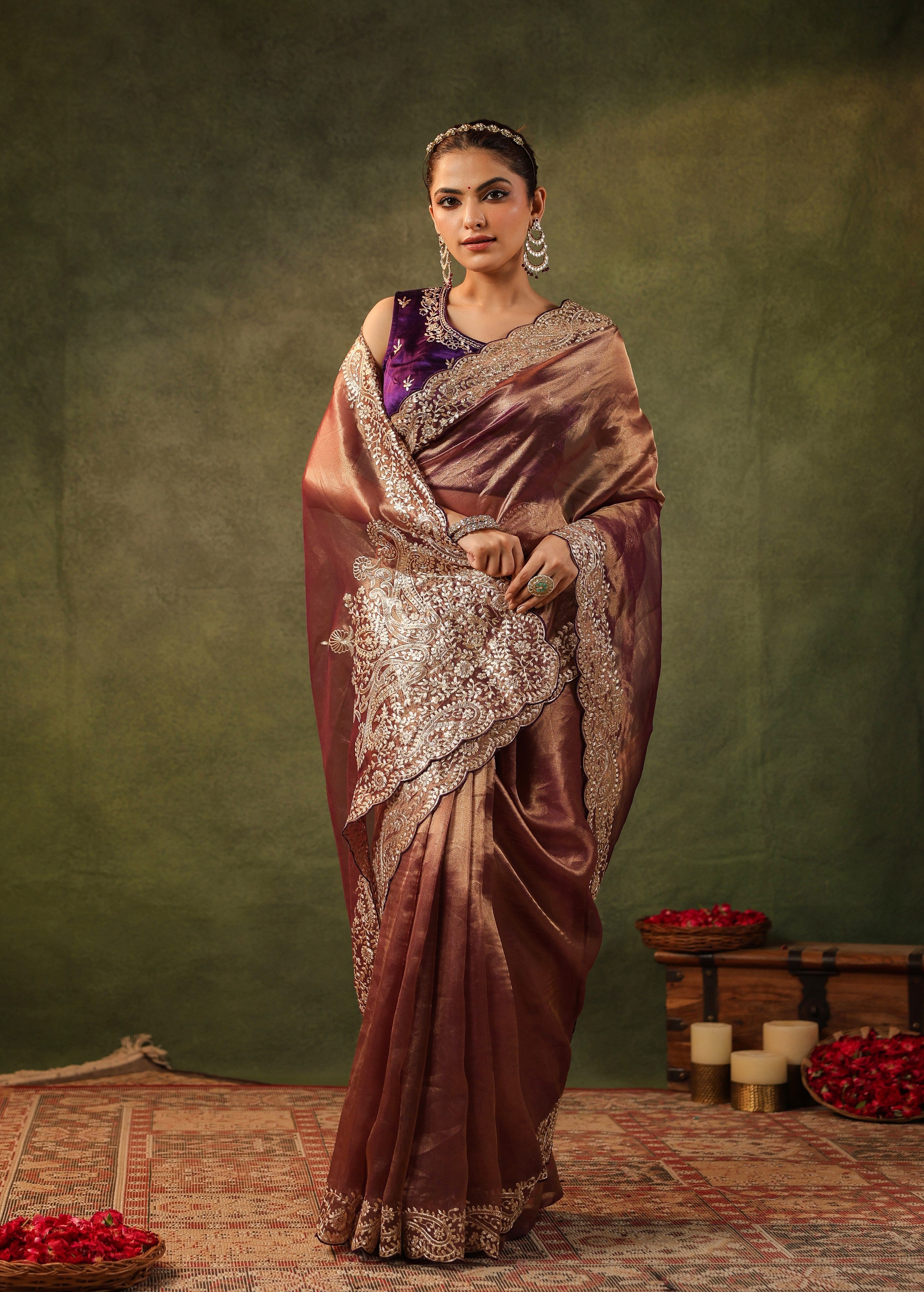 Antique Maroon Embroidered Organza Silk Saree