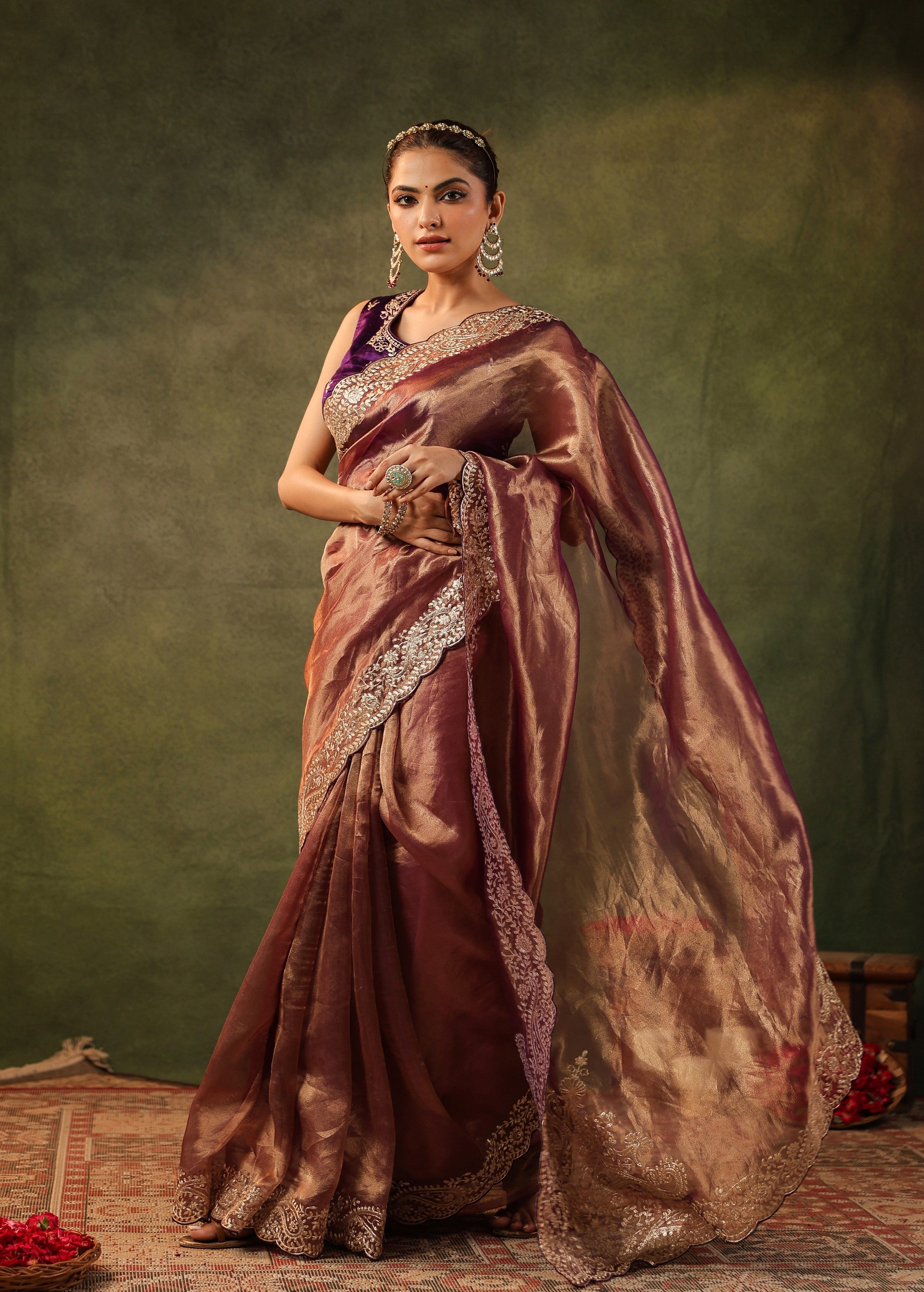 Antique Maroon Embroidered Organza Silk Saree