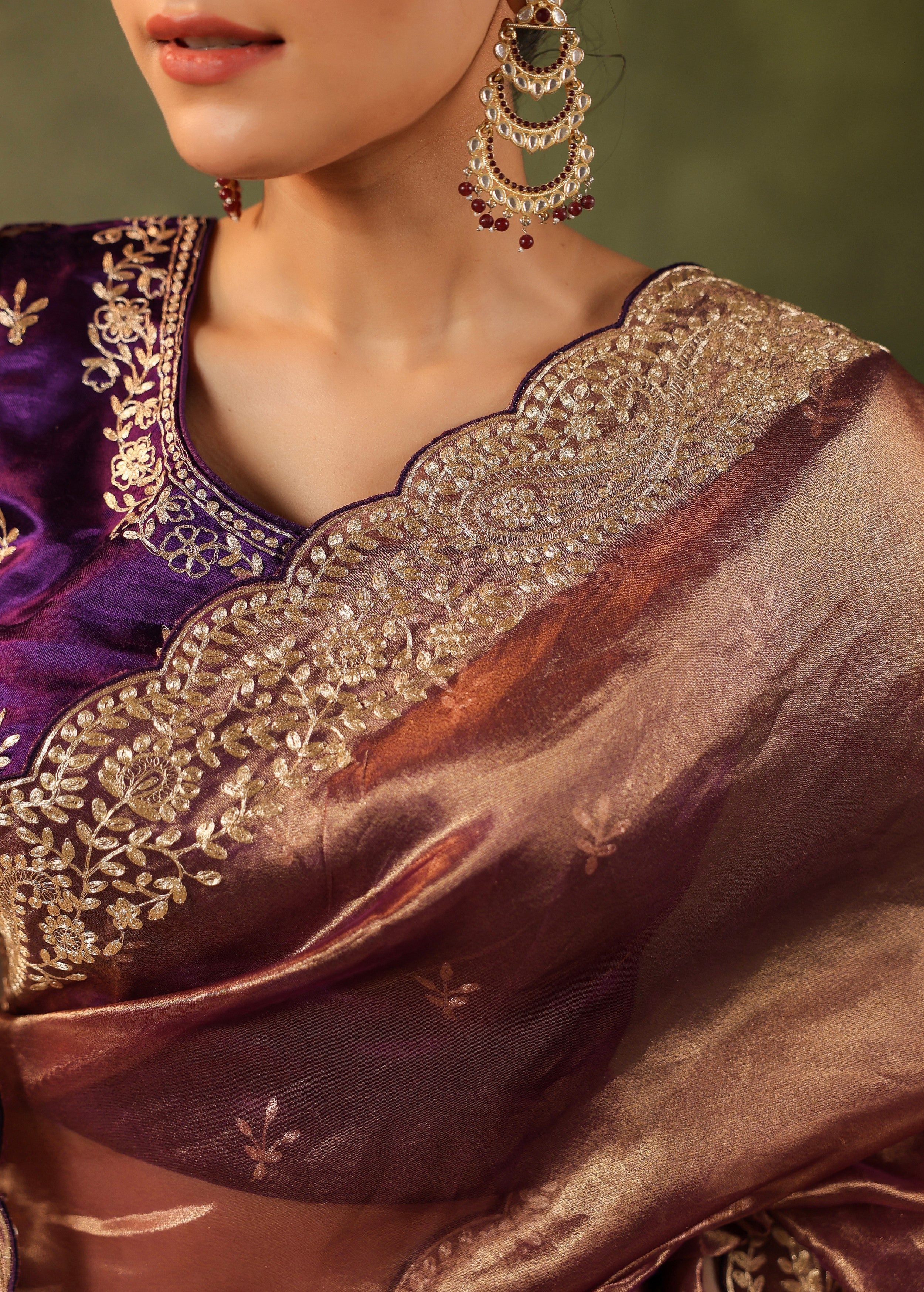 Antique Maroon Embroidered Organza Silk Saree