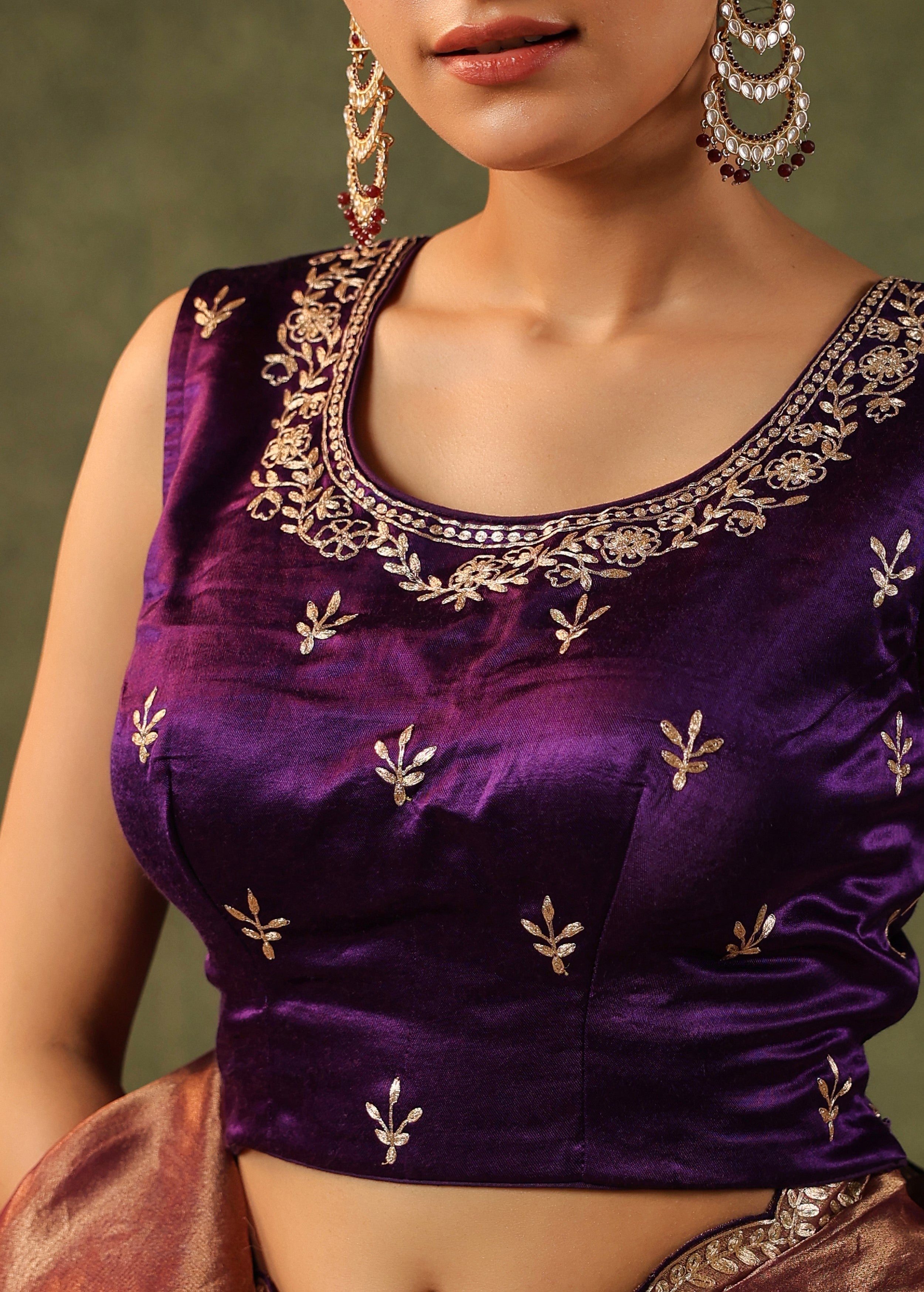 Antique Maroon Embroidered Organza Silk Saree