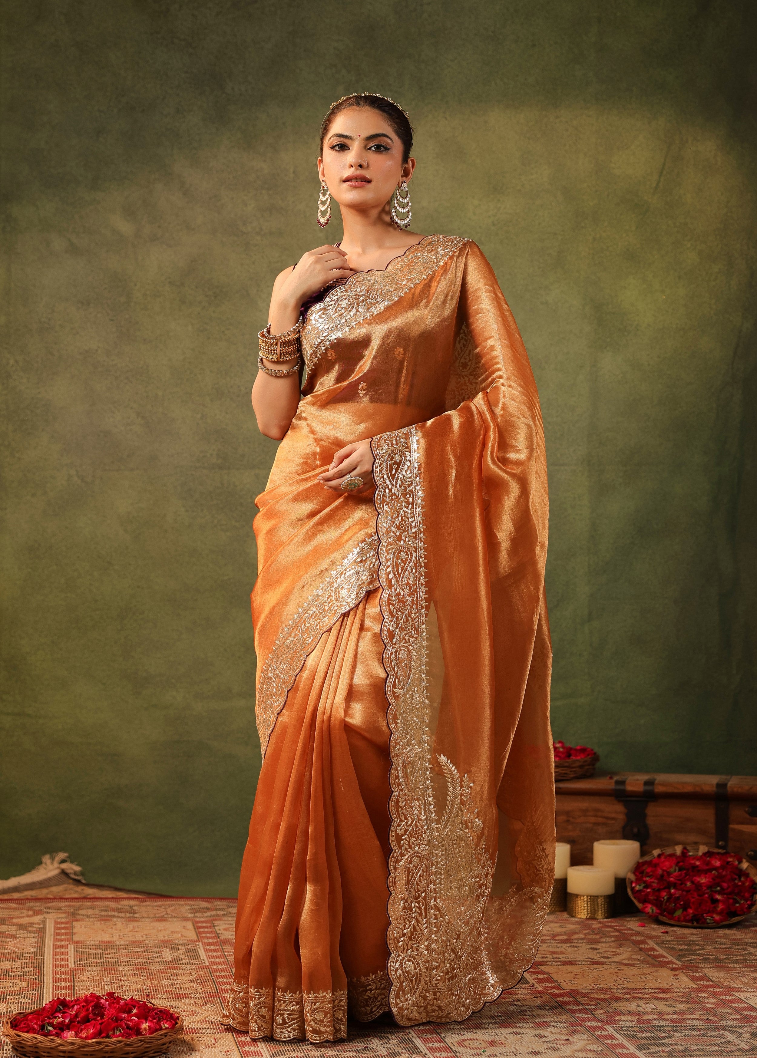 Burnt Orange Embroidered Organza Silk Saree