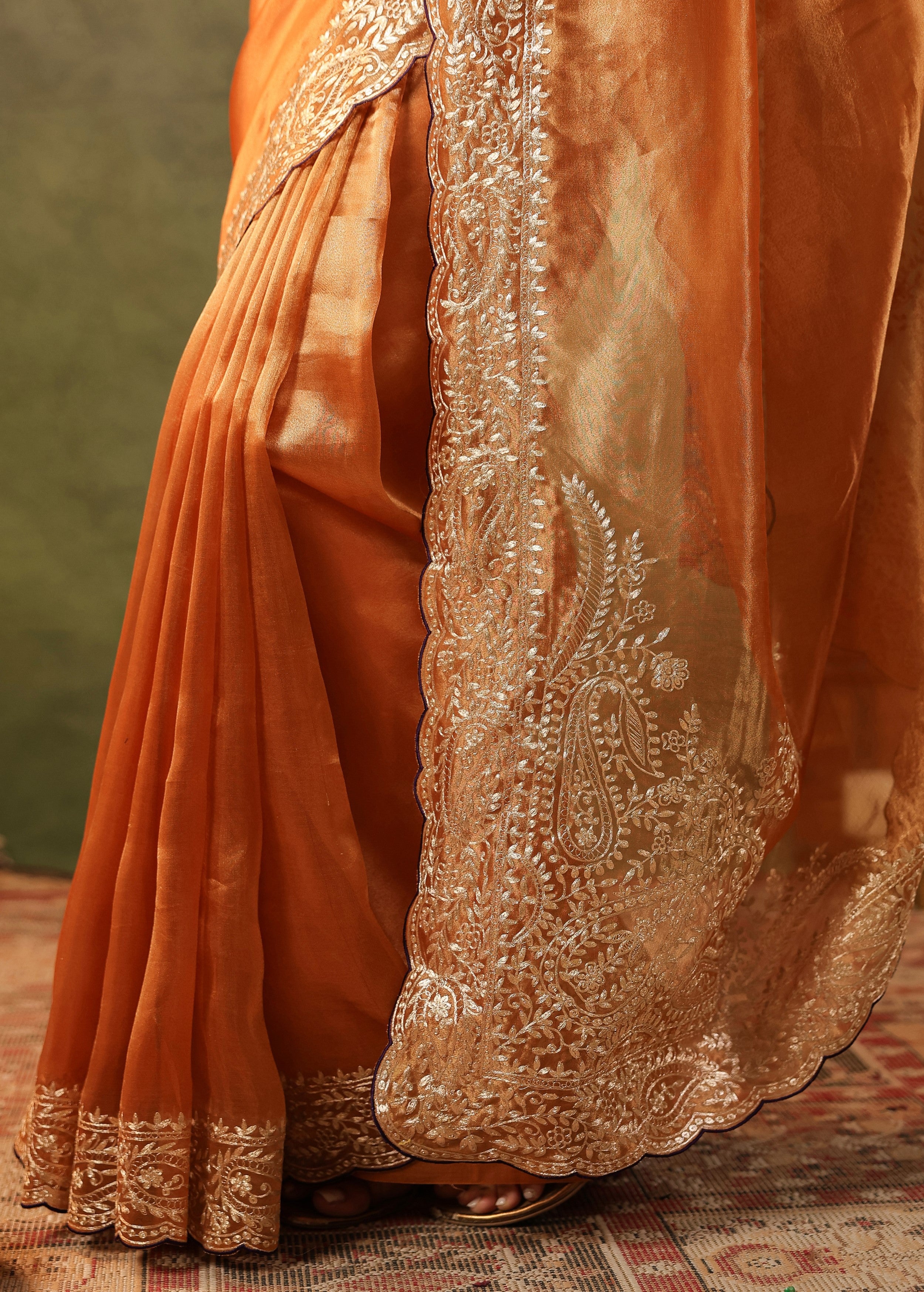 Burnt Orange Embroidered Organza Silk Saree