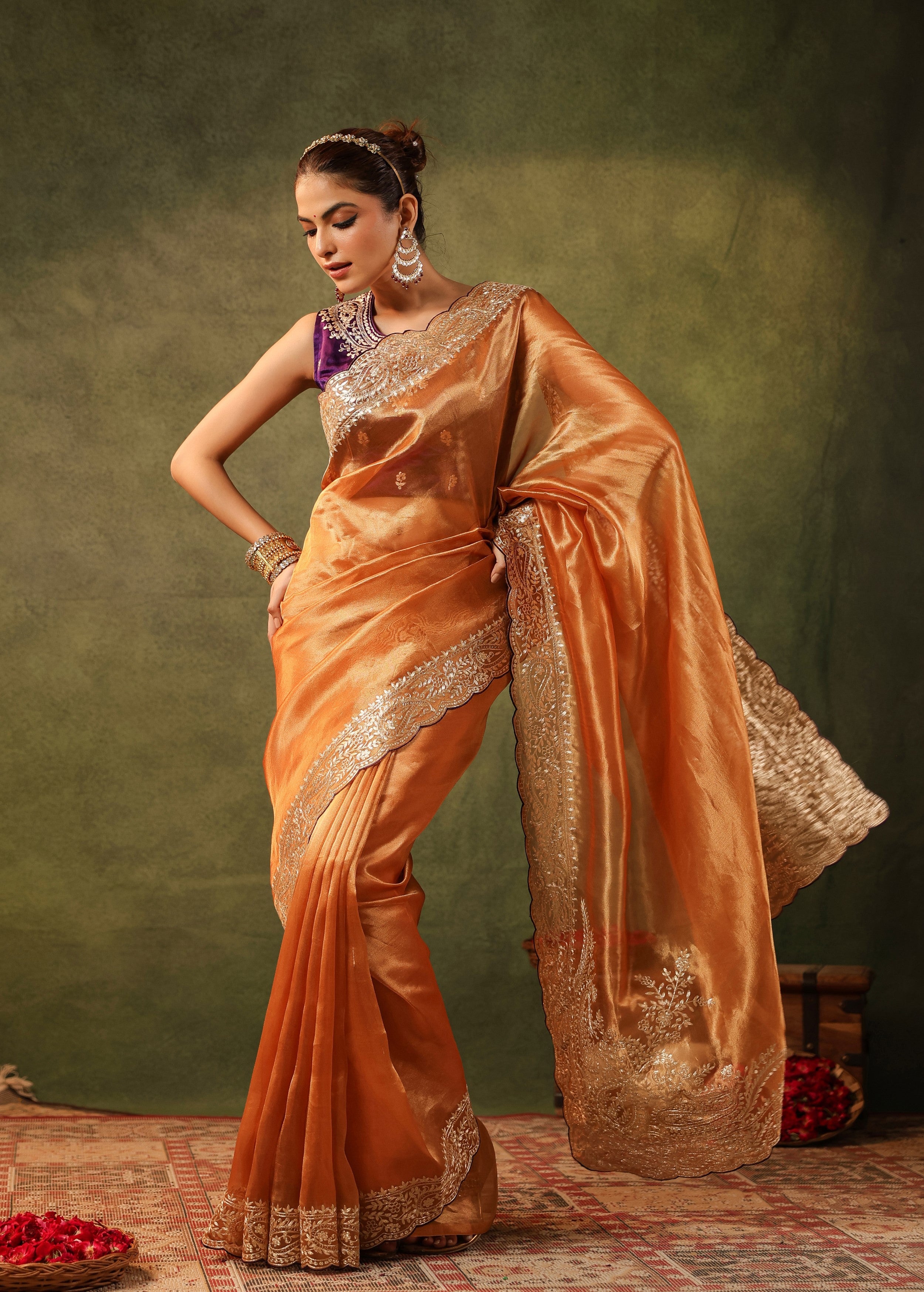 Burnt Orange Embroidered Organza Silk Saree