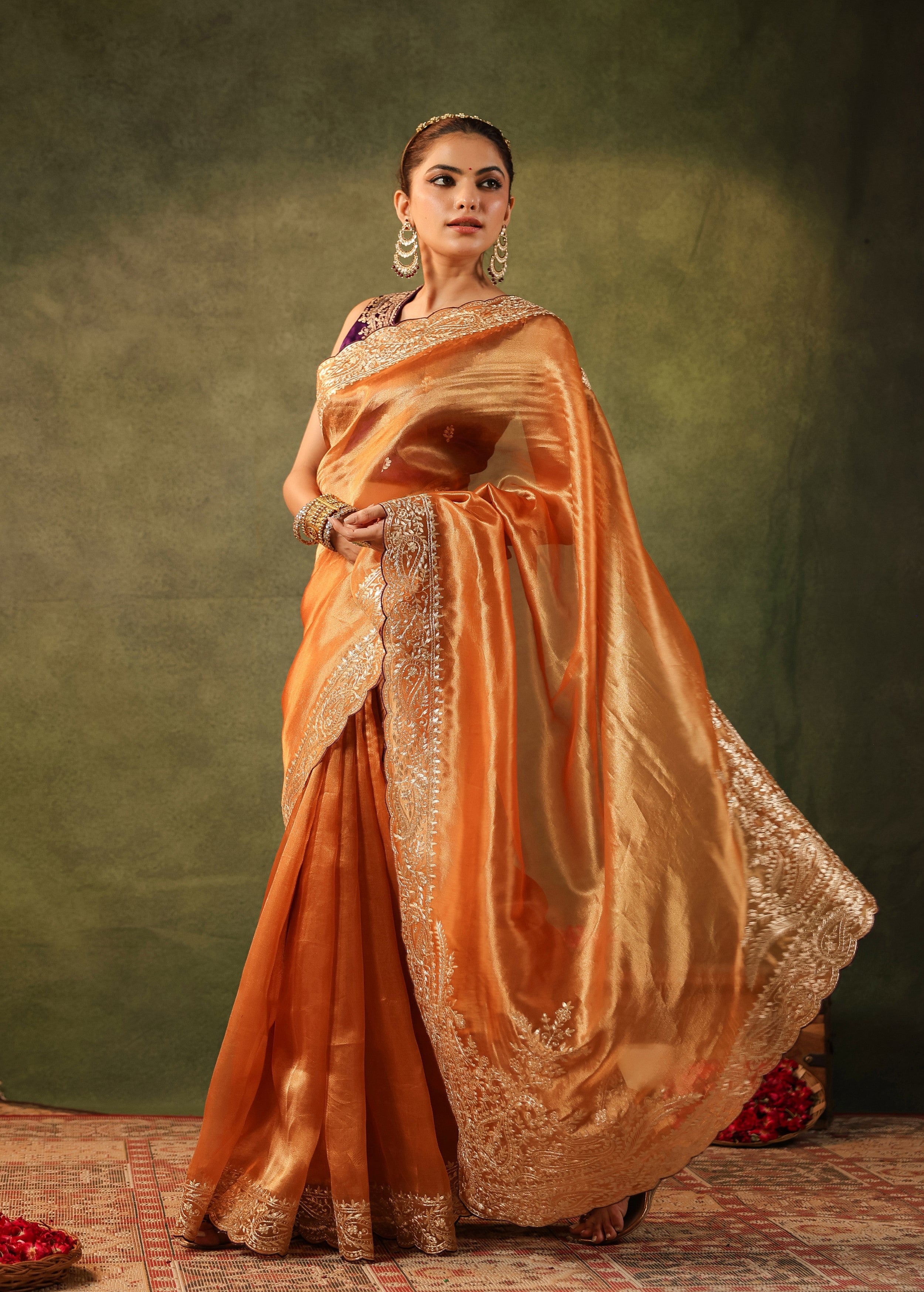 Burnt Orange Embroidered Organza Silk Saree