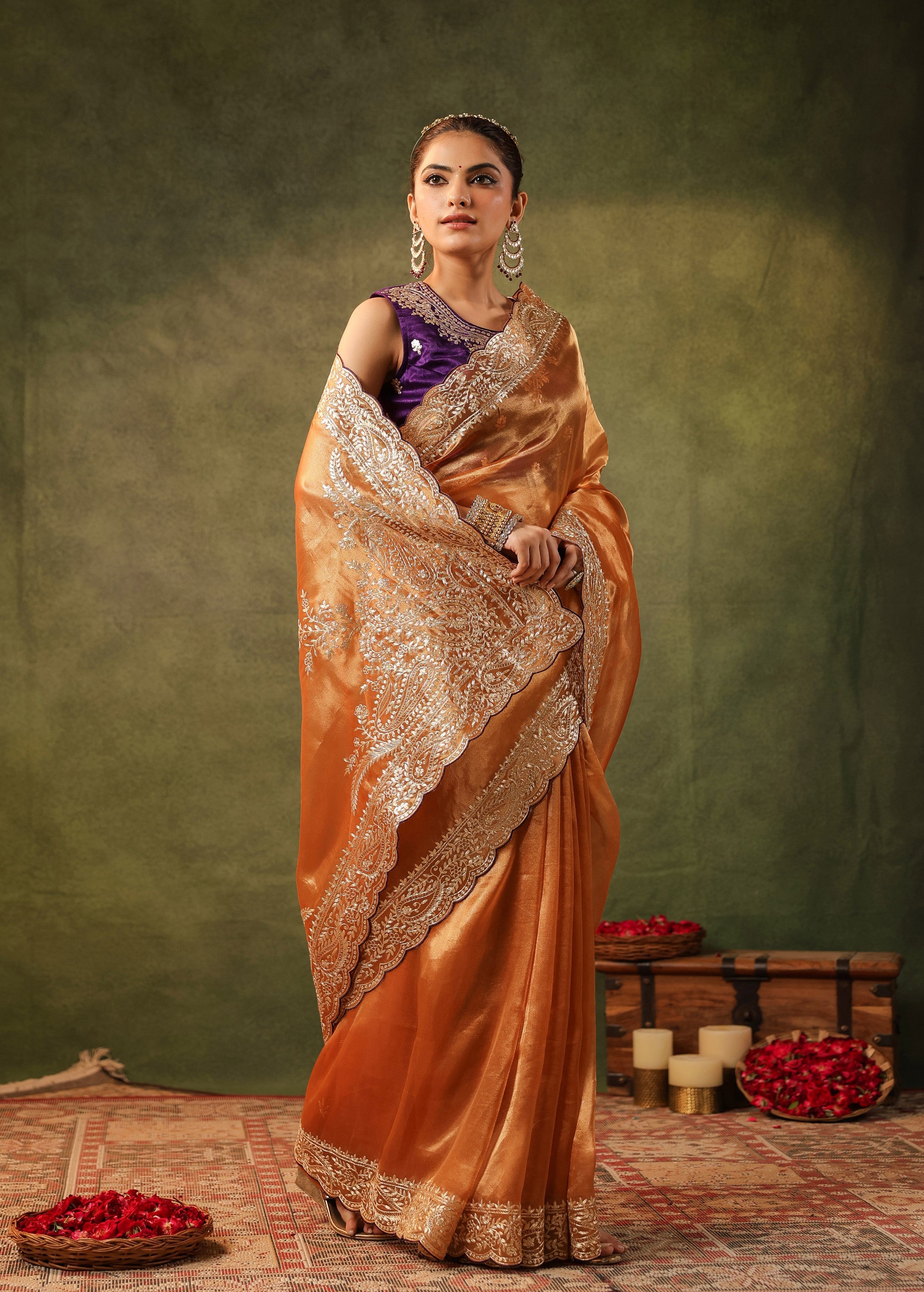 Burnt Orange Embroidered Organza Silk Saree