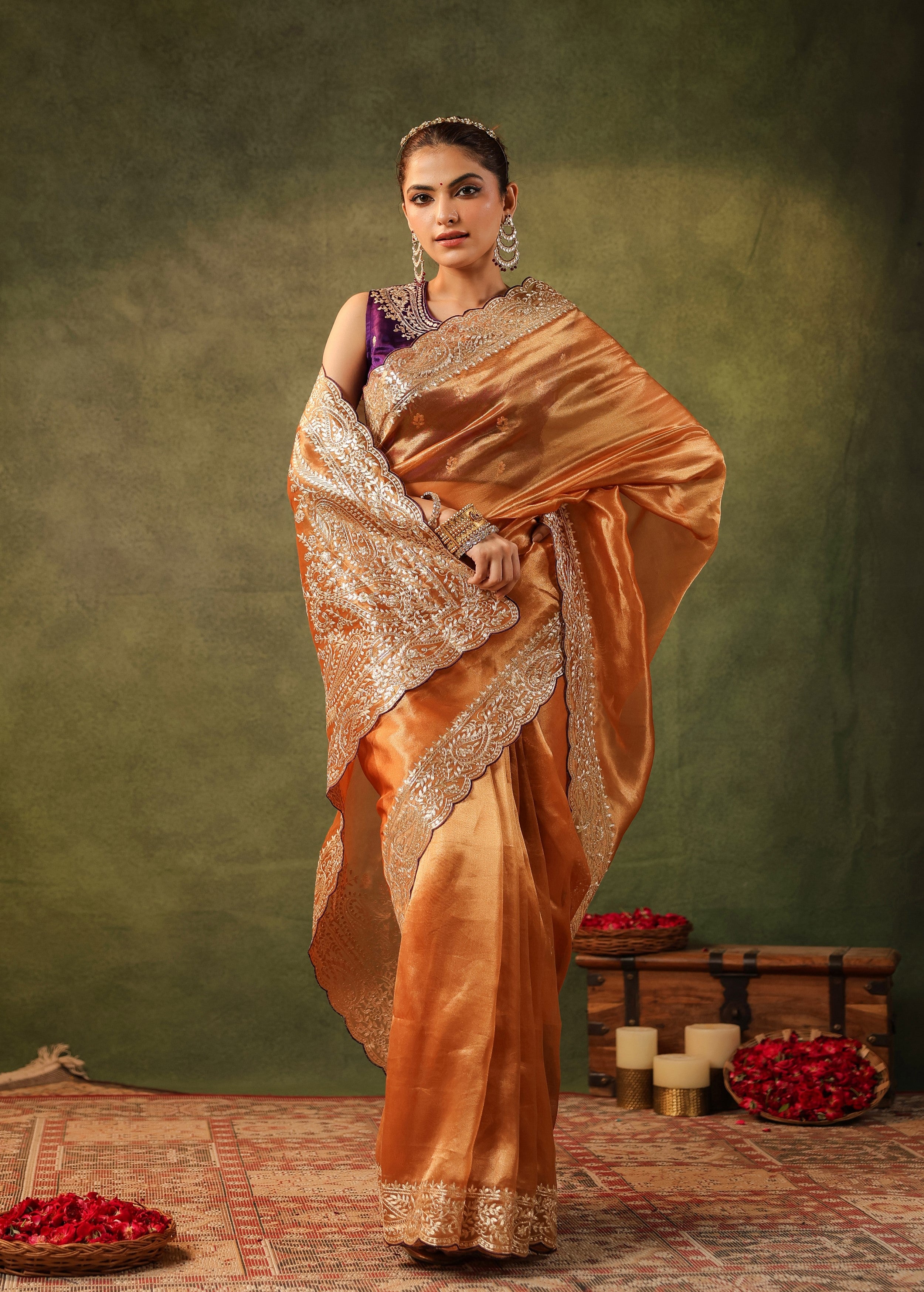 Burnt Orange Embroidered Organza Silk Saree