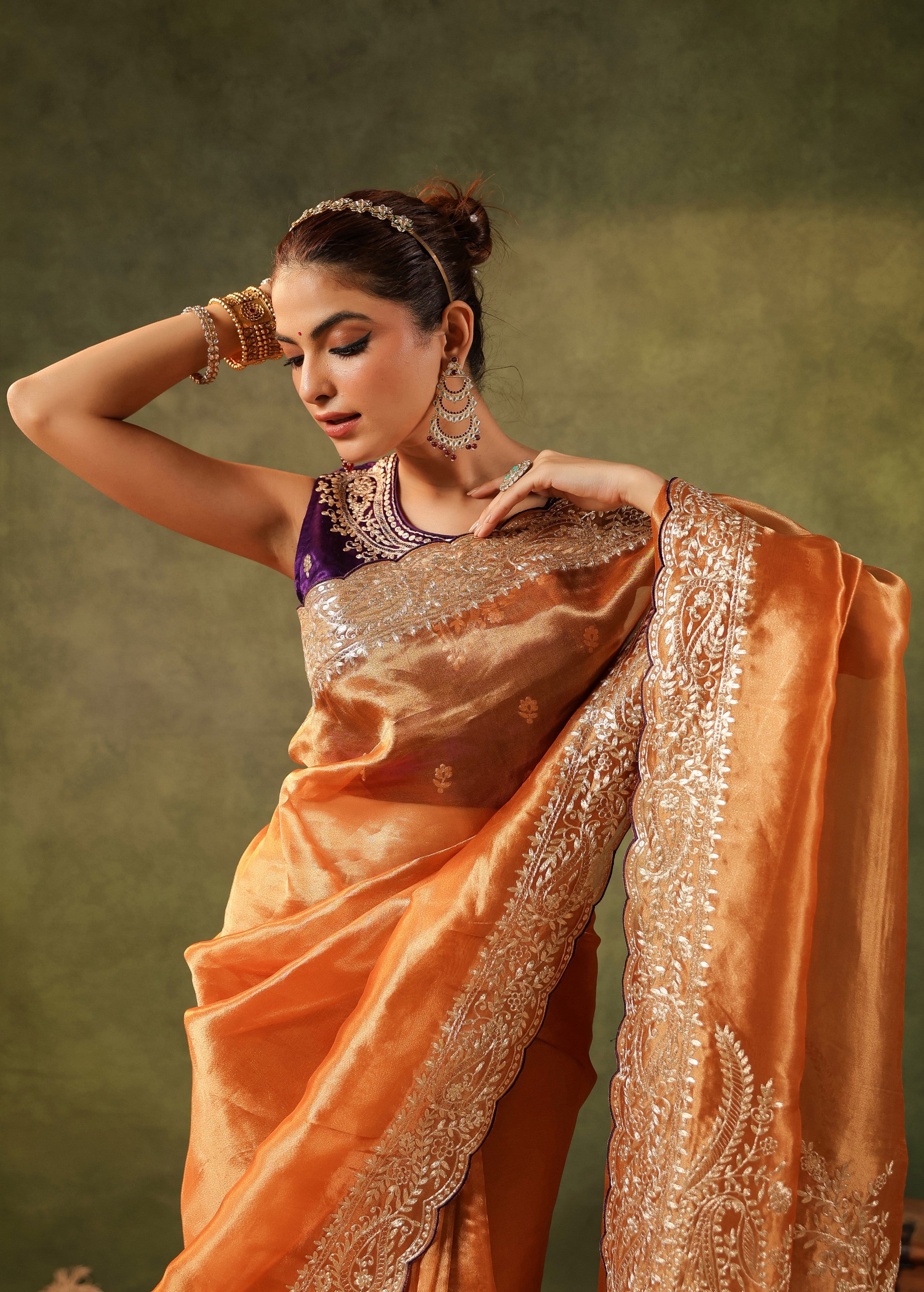 Burnt Orange Embroidered Organza Silk Saree