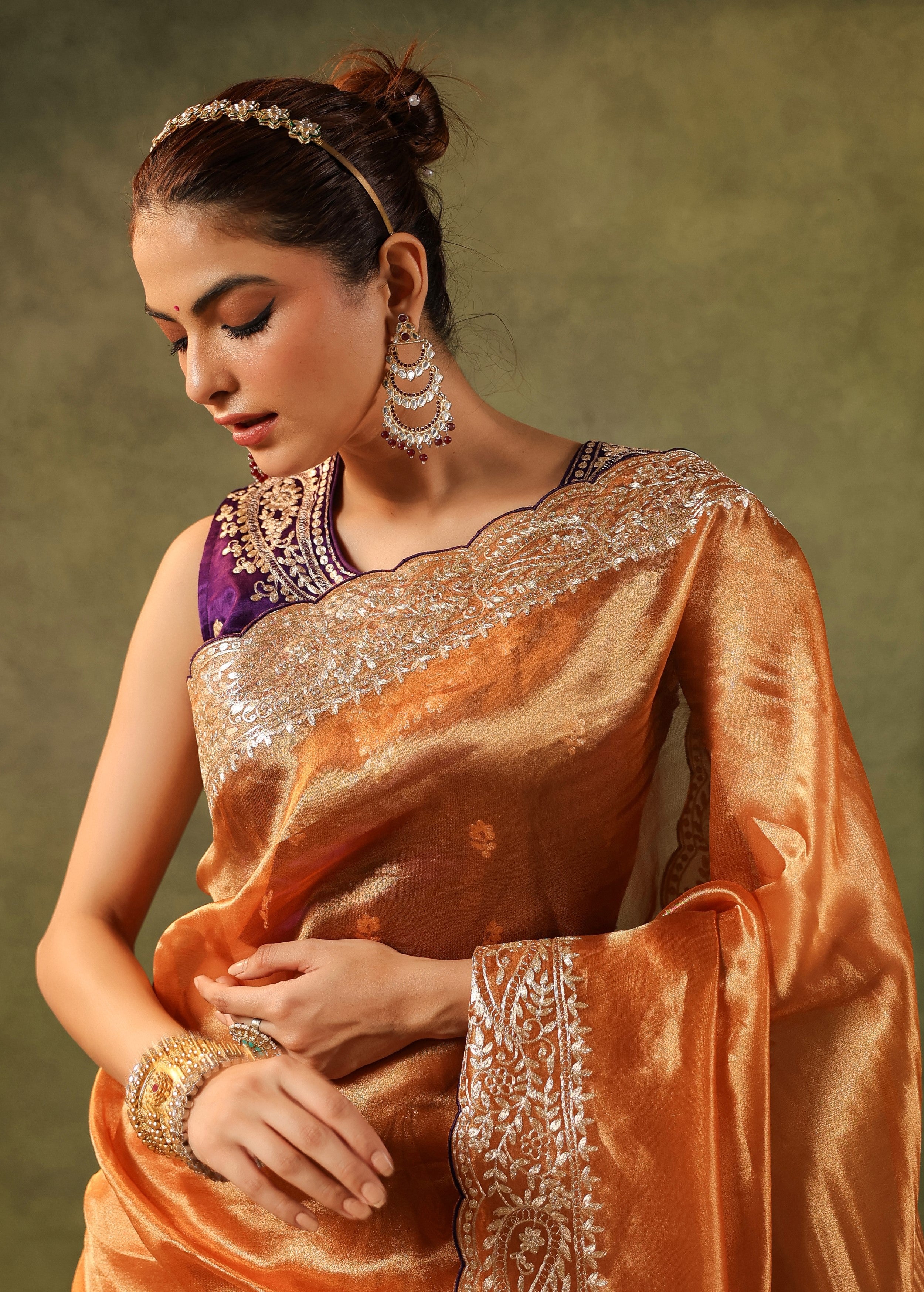 Burnt Orange Embroidered Organza Silk Saree