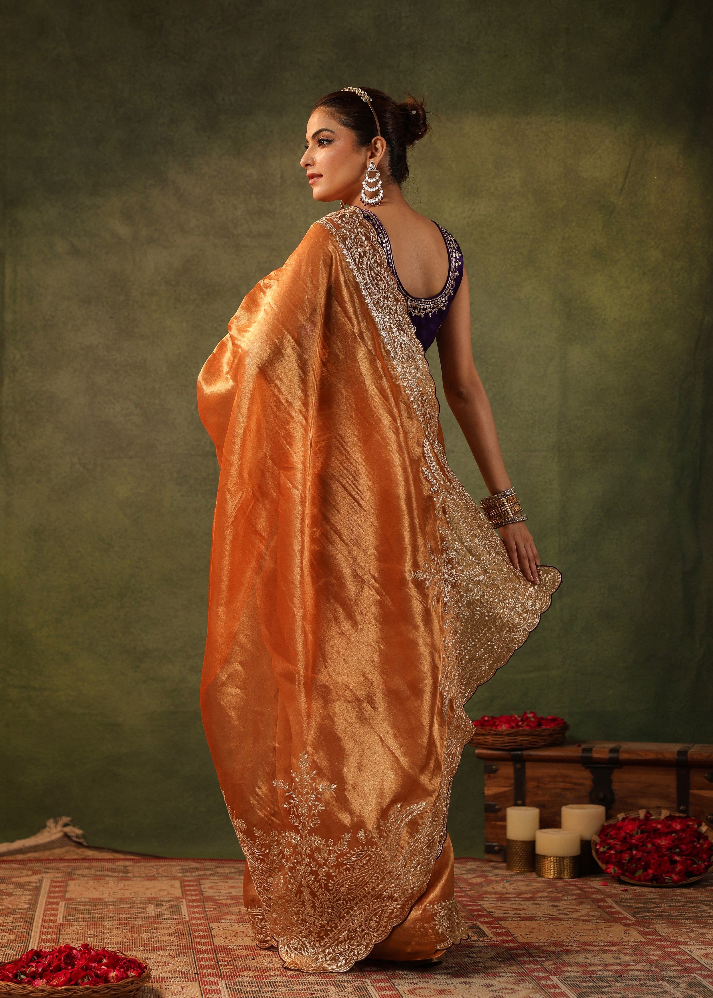 Burnt Orange Embroidered Organza Silk Saree