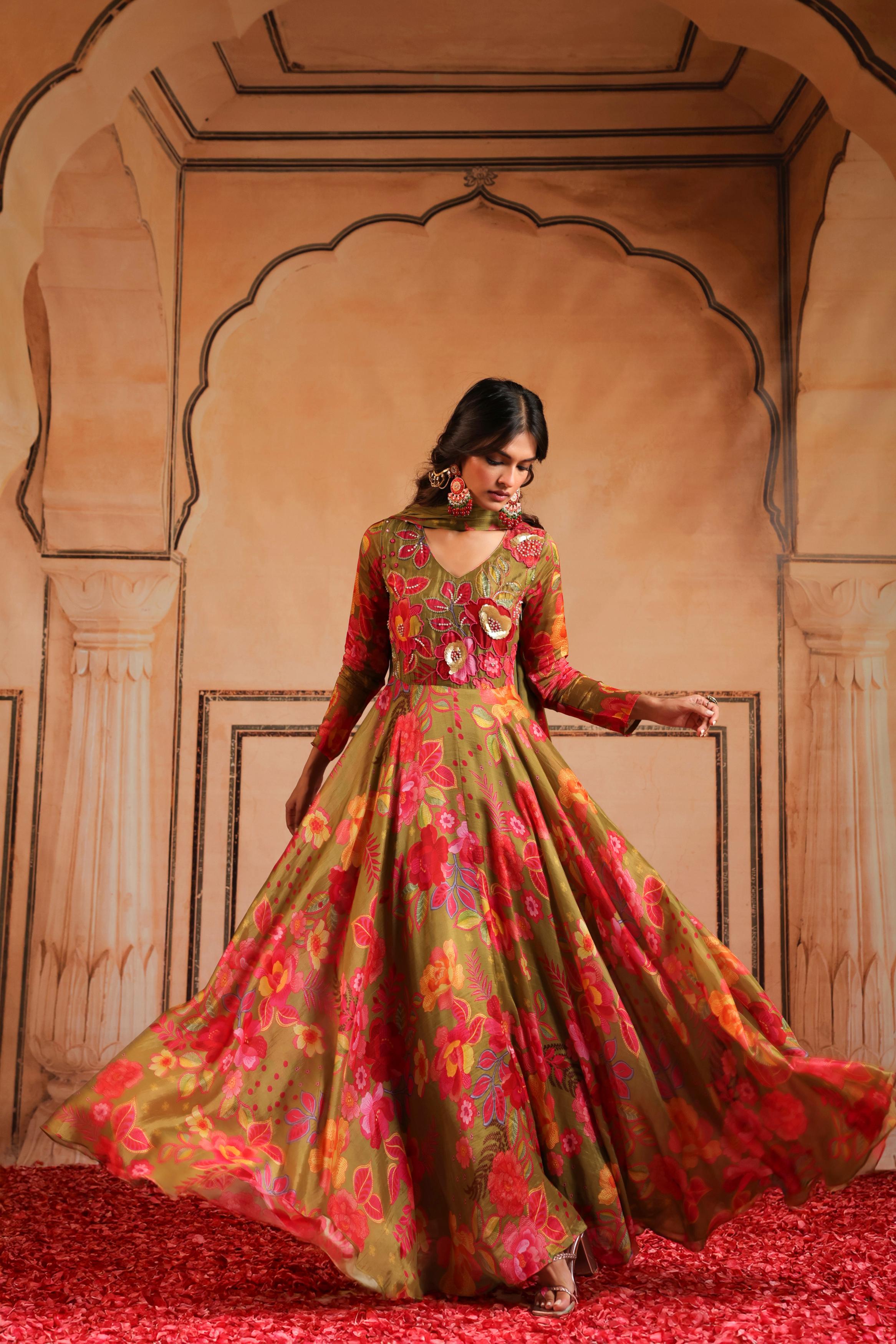 Multicolor Printed Glans Organza Silk Anarkali Set